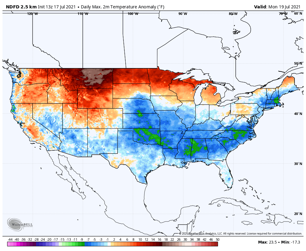 Temperature departures from average forecast for Monday, showing the intense heat from Washington through Montana and into the northern Plains.