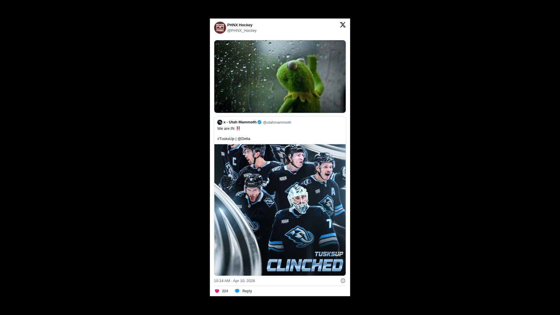 Centered social media card on a black background showing two posts: top image of a green frog plush in the rain, bottom image of a hockey team celebrating with the word "CLINCHED".