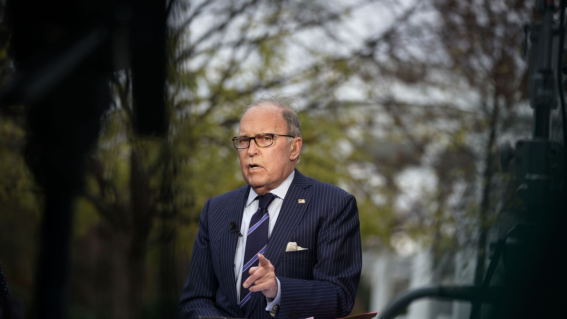 Director of the National Economic Council Larry Kudlow speaks during after a TV interview with Fox Business Network
