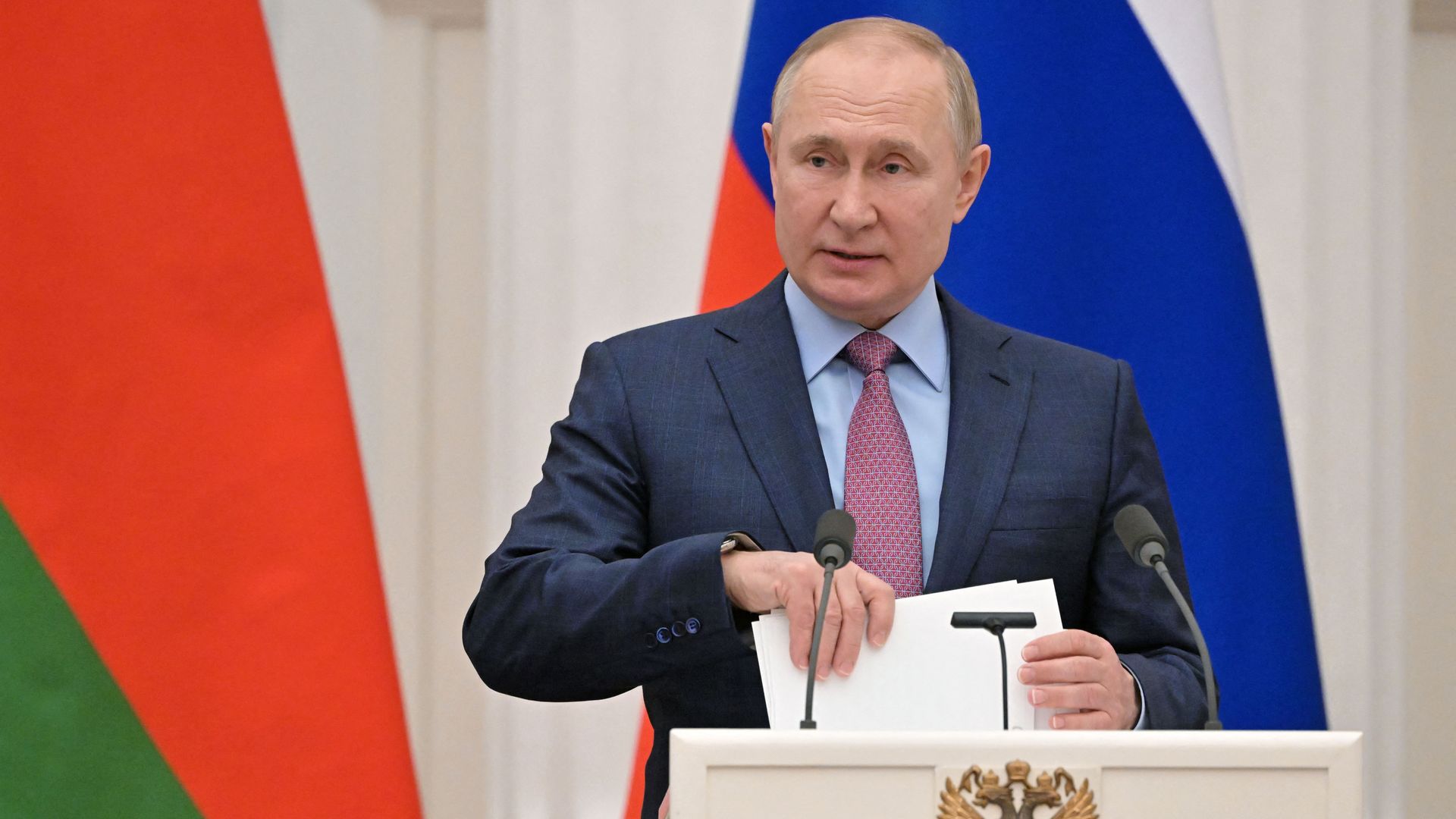 Russia's President Vladimir Putin speaks during a press conference  at the Kremlin in Moscow on February 18.