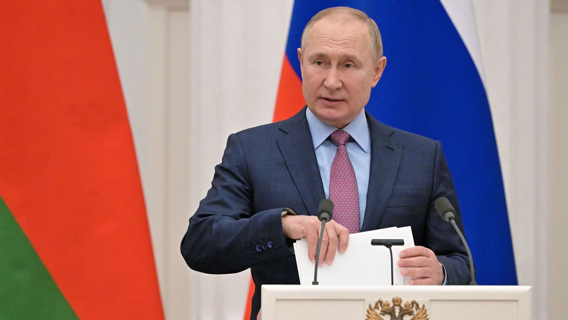 Russia's President Vladimir Putin speaks during a press conference at the Kremlin in Moscow on February 18.
