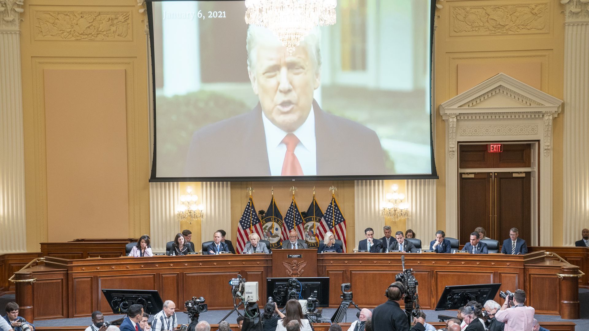 A video of former President Donald Trump is played during a Jan. 6 hearing