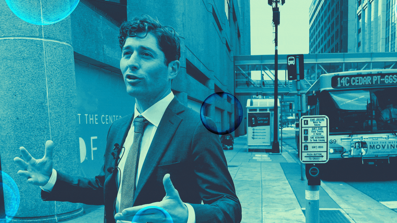 Photo illustration of Jacob Frey with bubbles rising around him.
