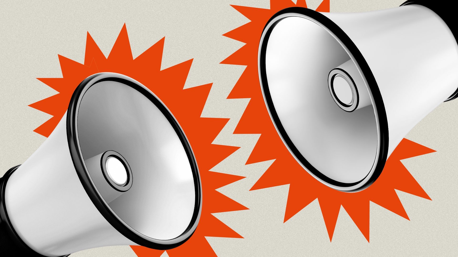 Illustration of two megaphones facing off, shouting at each other with abstract vector shapes behind the megaphones indicating loud noises. 