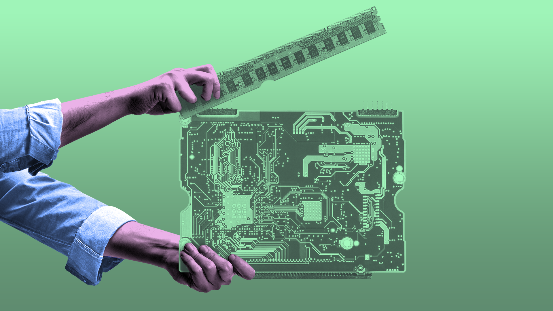 Two purple-tinted hands in blue rolled-up sleeves hold a large green printed circuit board, while a long ruler-like tool hovers above it against a green gradient background.
