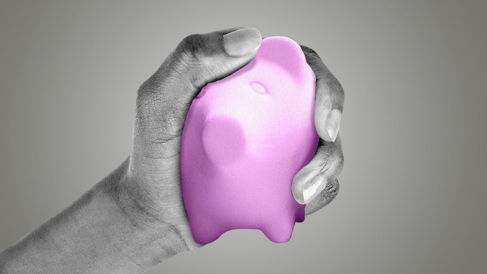 Illustration of a hand squeezing a piggy bank. 