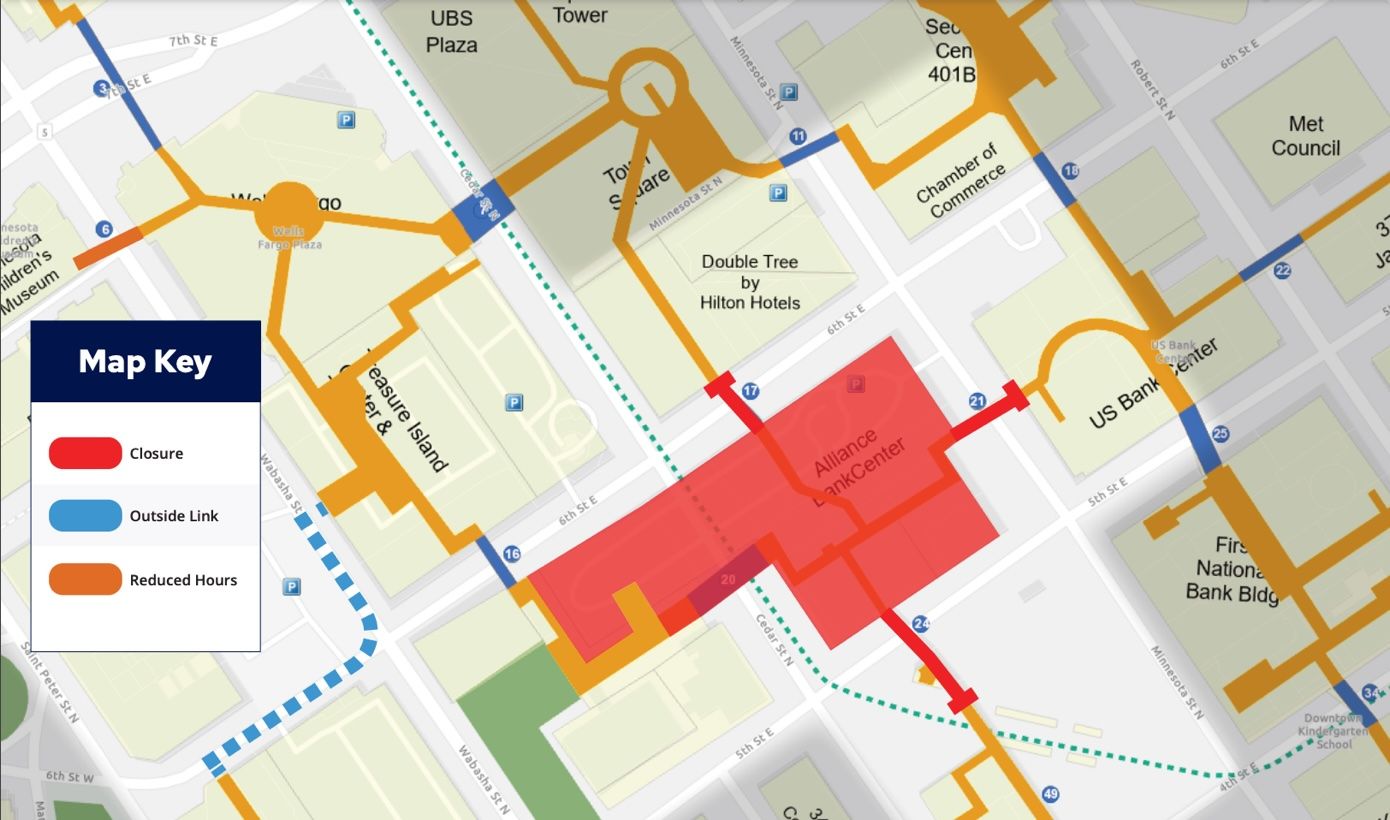 Map view highlighting closure around Alliance Bank Center in red; orange lines show reduced hours; blue lines mark outside links. Left legend 'Map Key' lists Closure (red), Outside Link (blue), and Reduced Hours (orange).