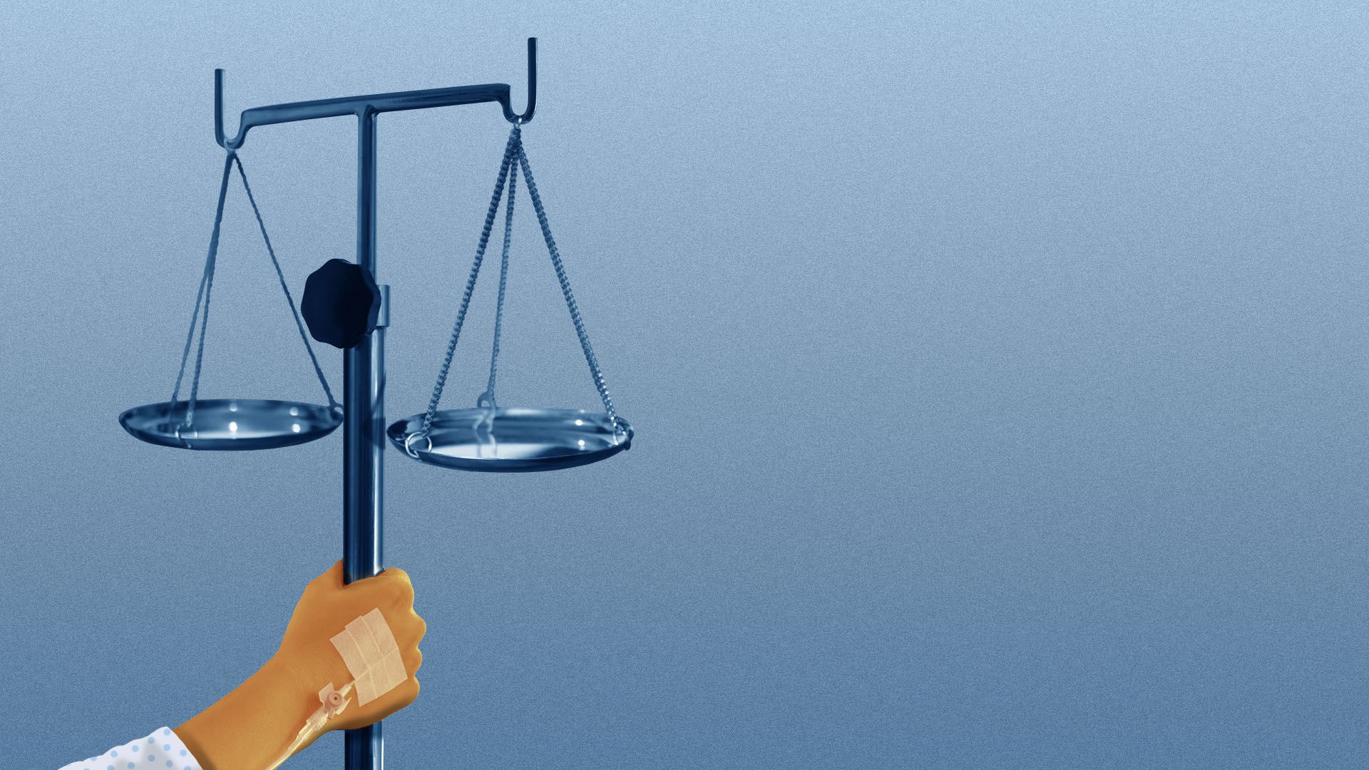 Illustration of a person in a hospital gown holding an i.v. pole with two scales on it