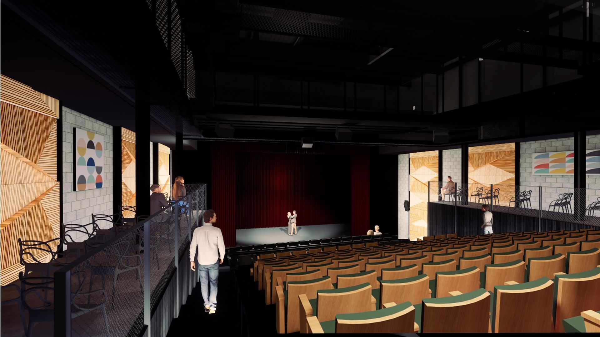 A rendering of people walking through a performing arts theatre with sloped seating and people standing on stage under a spotlight.