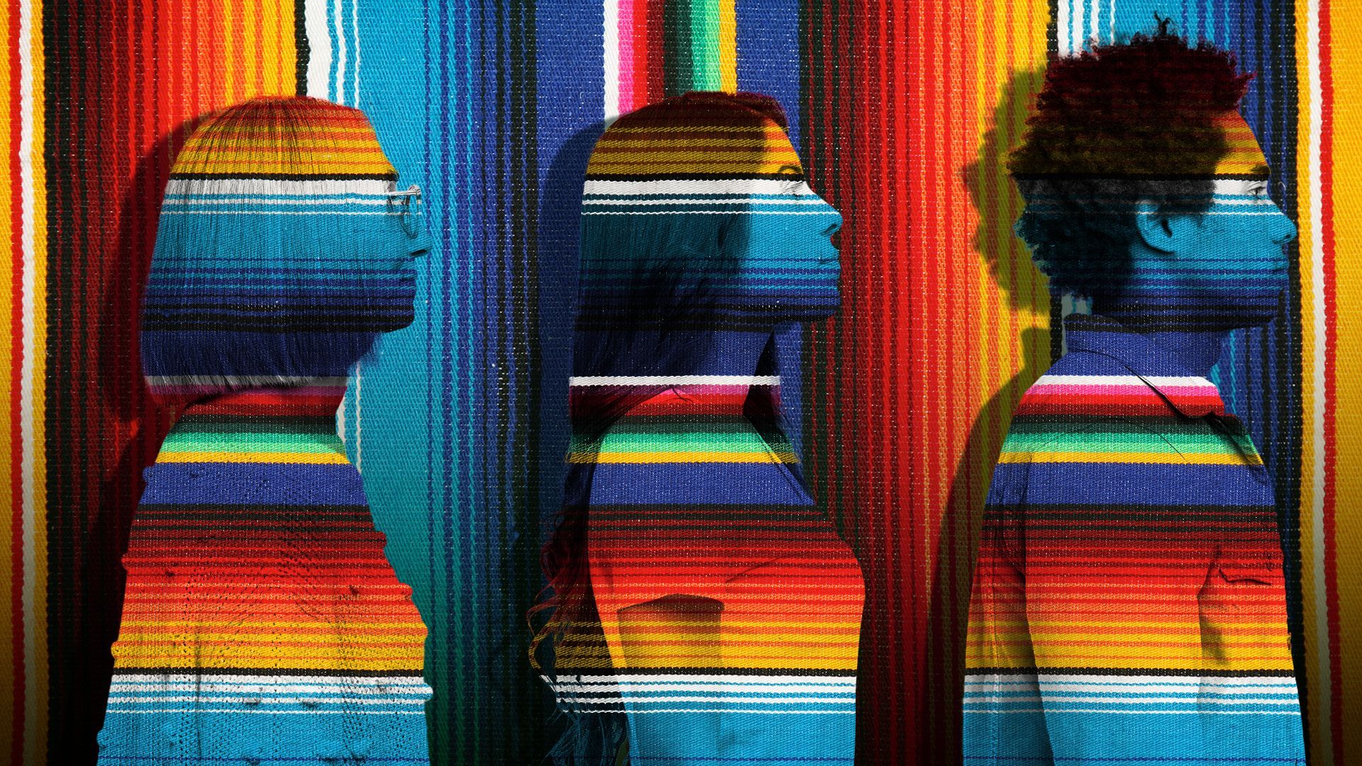 Illustration of several people with a striped pattern overlaid in the foreground and background. 