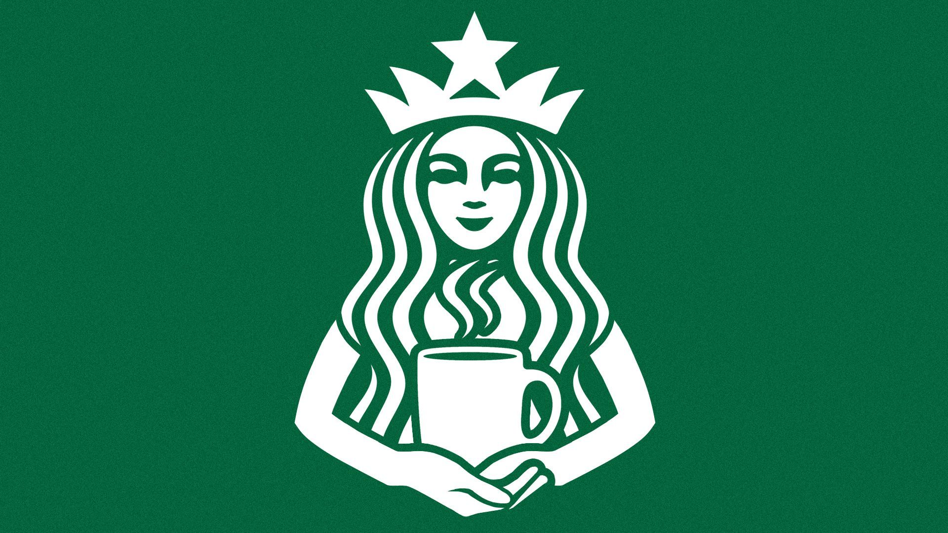Illustration of the Starbucks mermaid logo holding a steaming mug of coffee