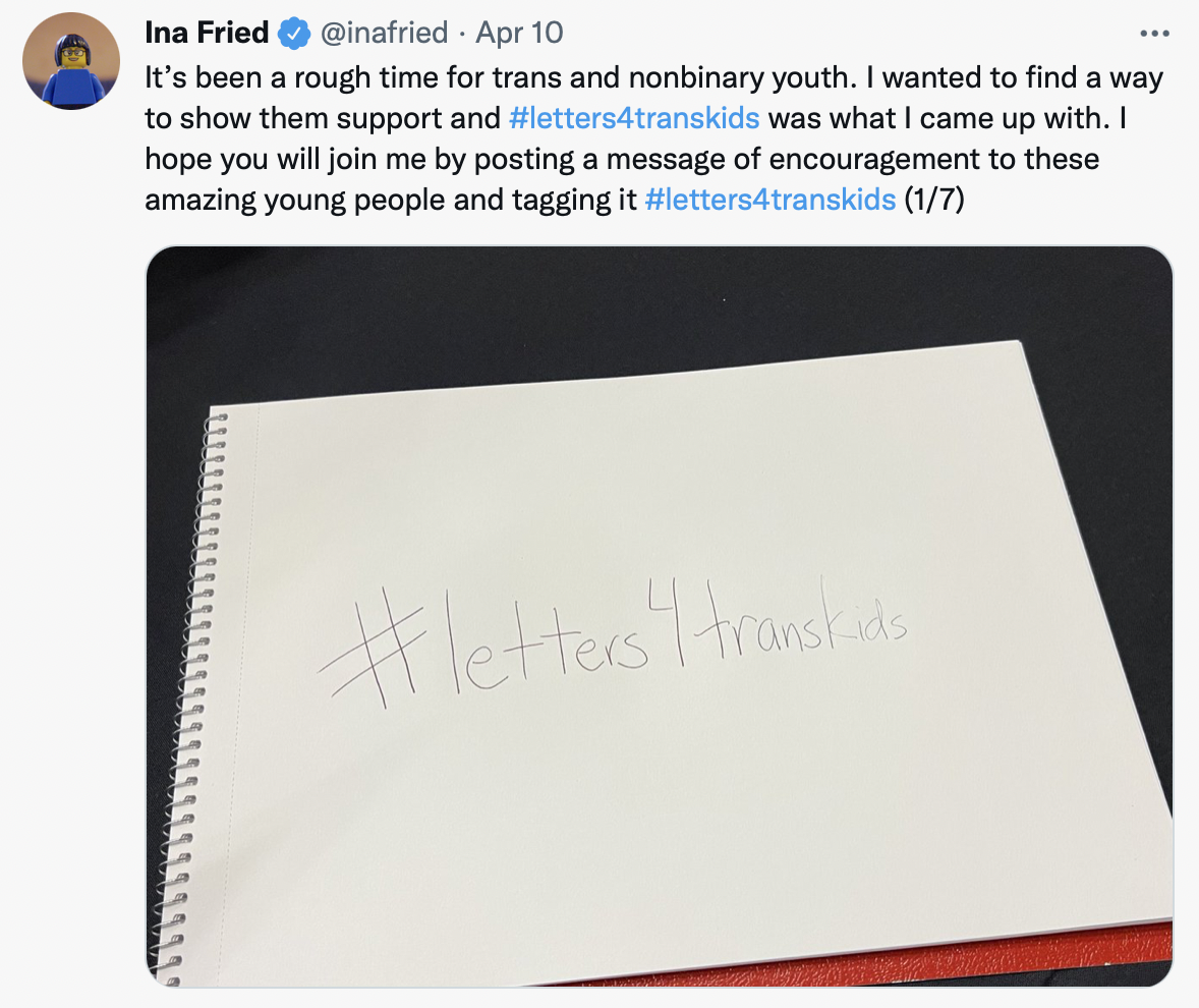 A Twitter post encouraging people to send letters of support to trans and nonbinary youth using the #lettters4TransKids hashtag