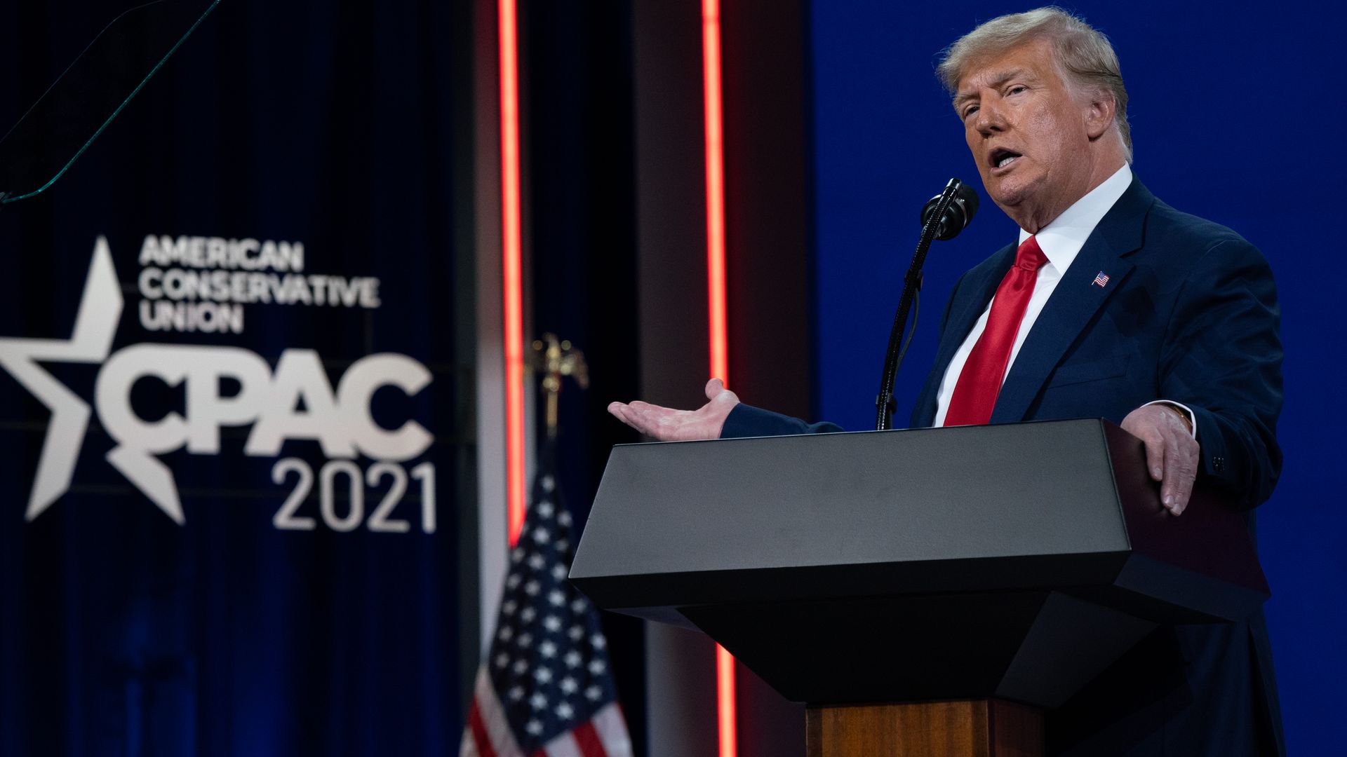 Former President Trump speaking at CPAC 2021 in February. 