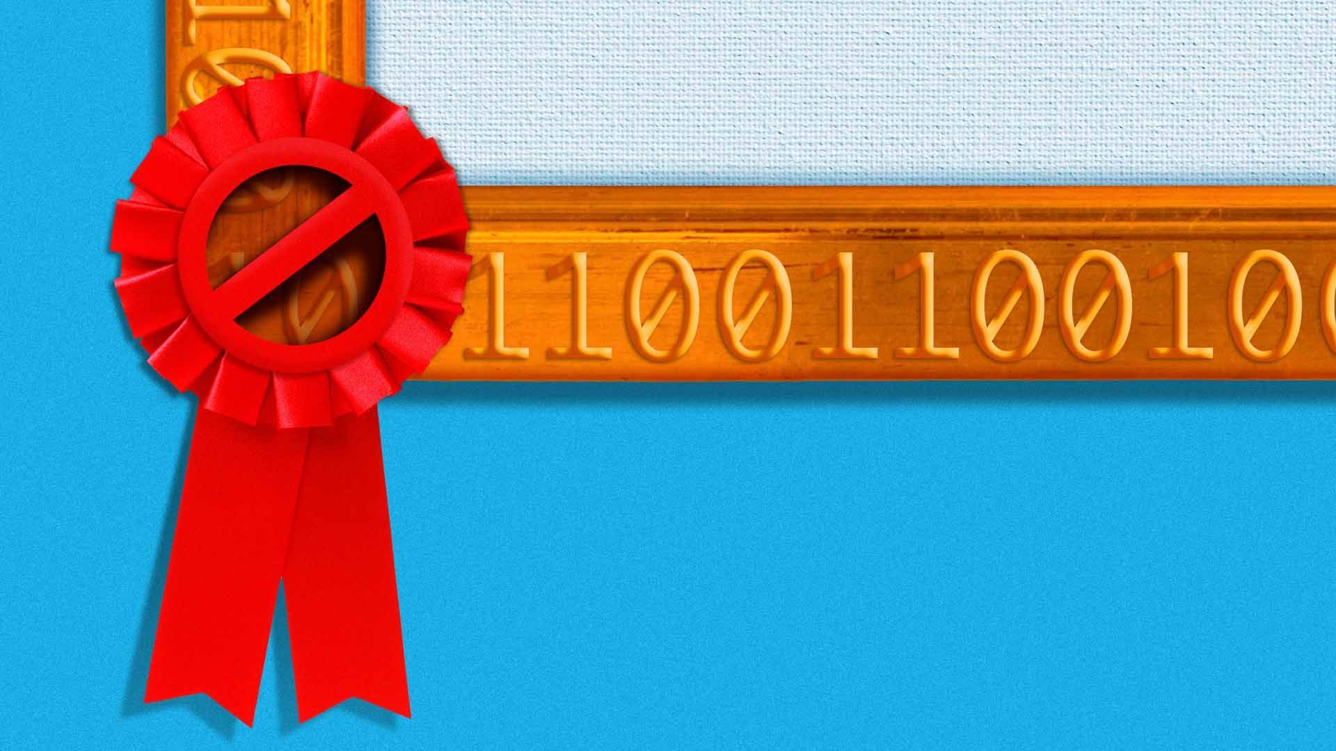 Illustration of a red ribbon with a "no" symbol on painting in a frame with binary code 