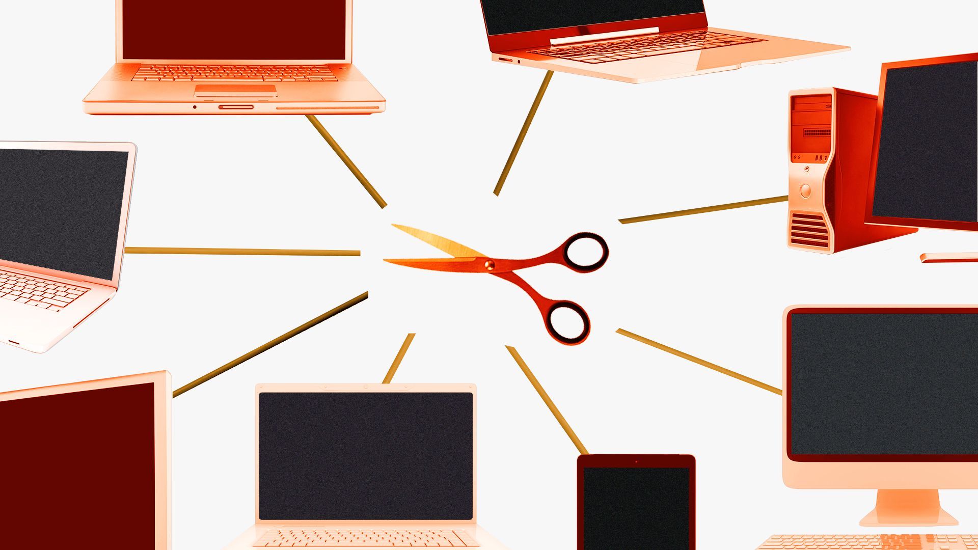 Illustration of scissors cutting cords connected to various computers