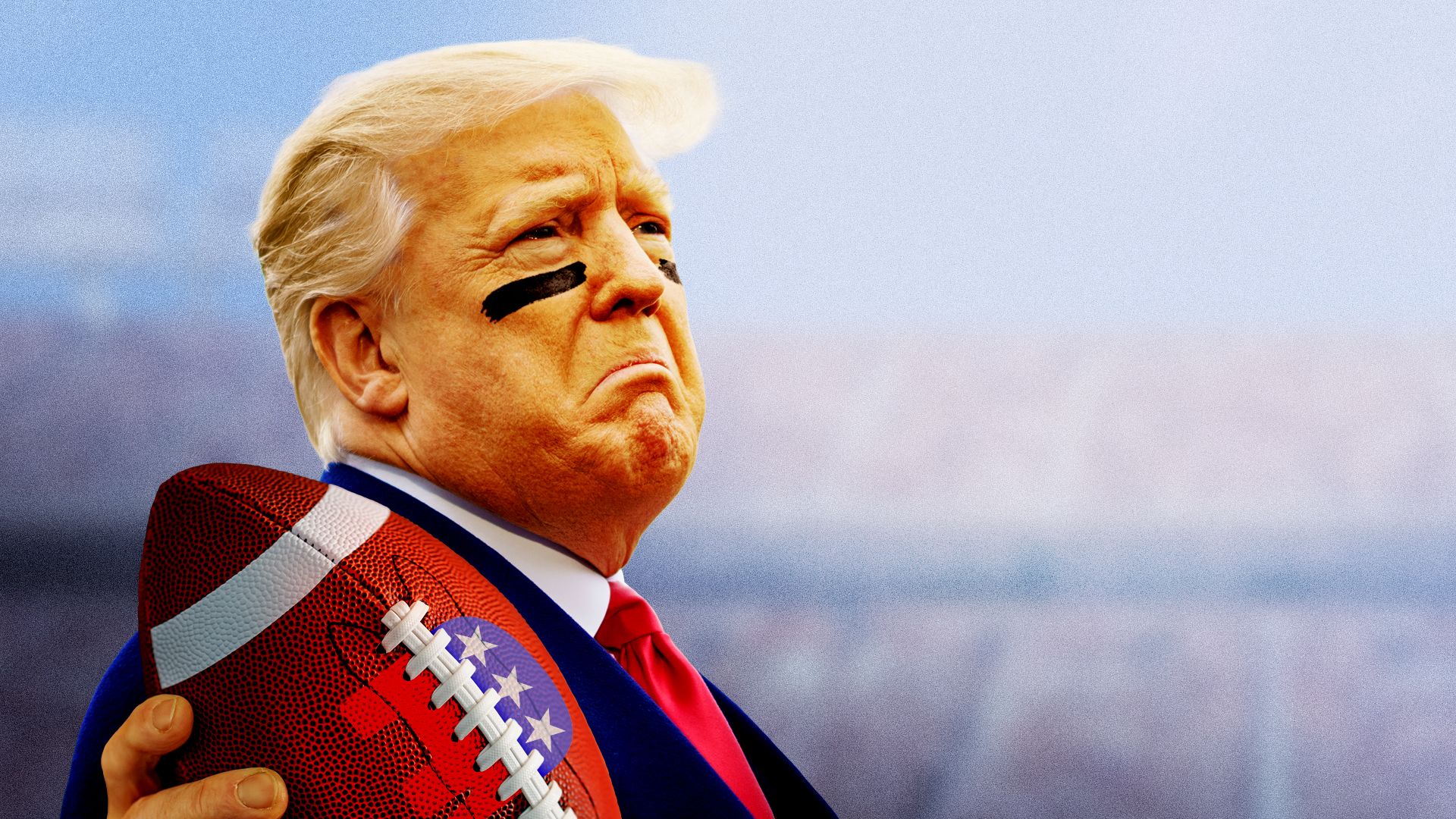 Photo illustration of President Trump holding a football with the GOP logo on it in a stadium