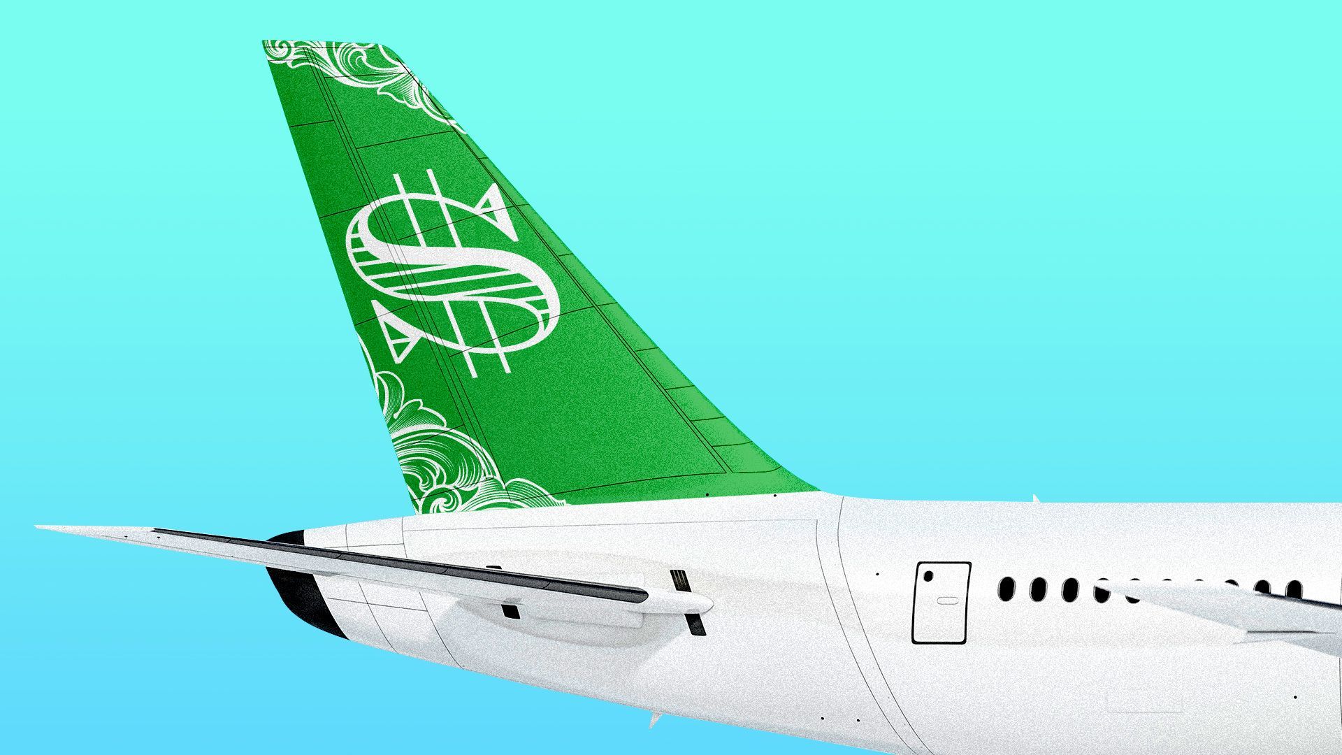 Illustration of an airplane tail design with a dollar bill sign on it.