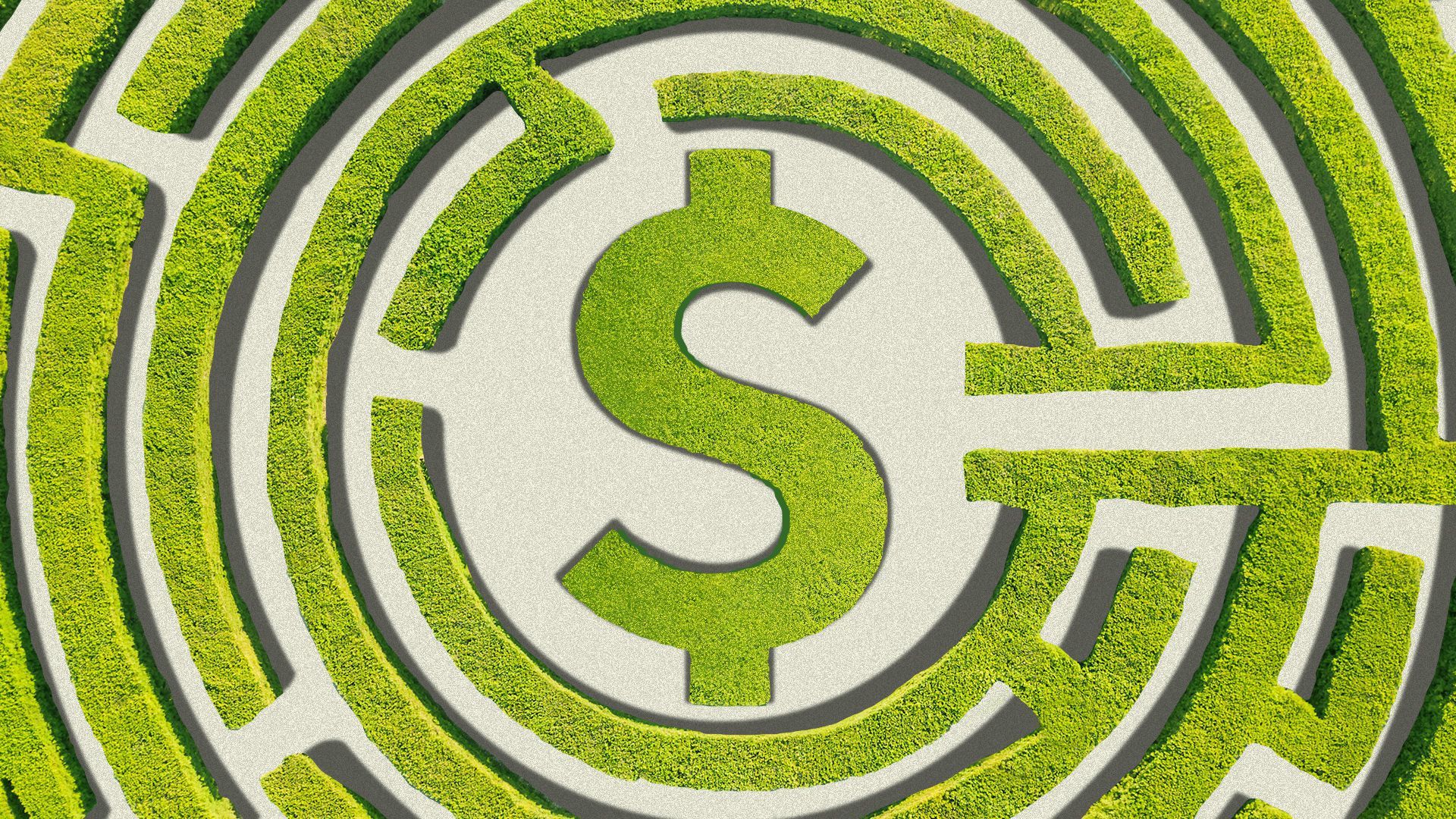 Illustration of a hedge maze with a dollar sign in the middle