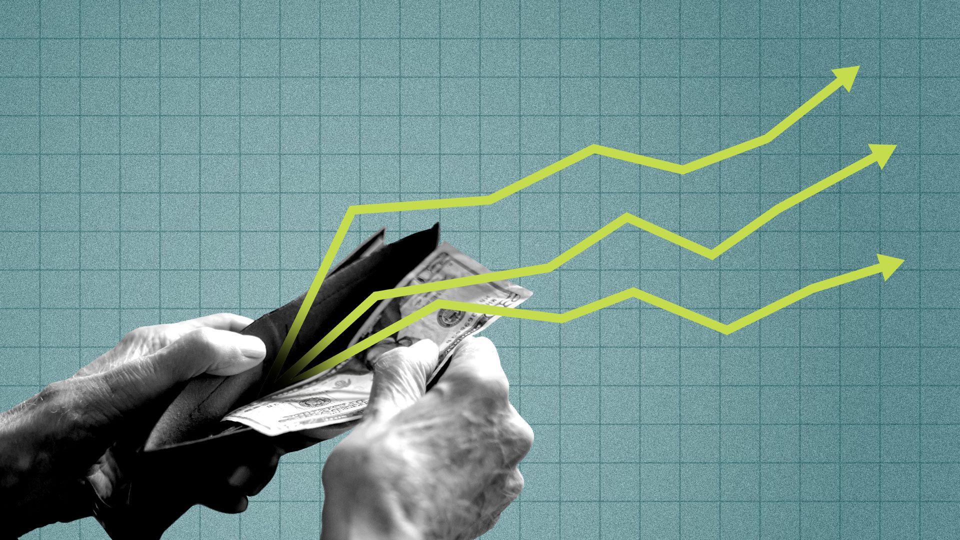 Illustration of an elderly person's hands taking a 20 dollar bill out of a wallet in front of a chart grid. Three green upward trend lines with arrows on the end also come out of the wallet.