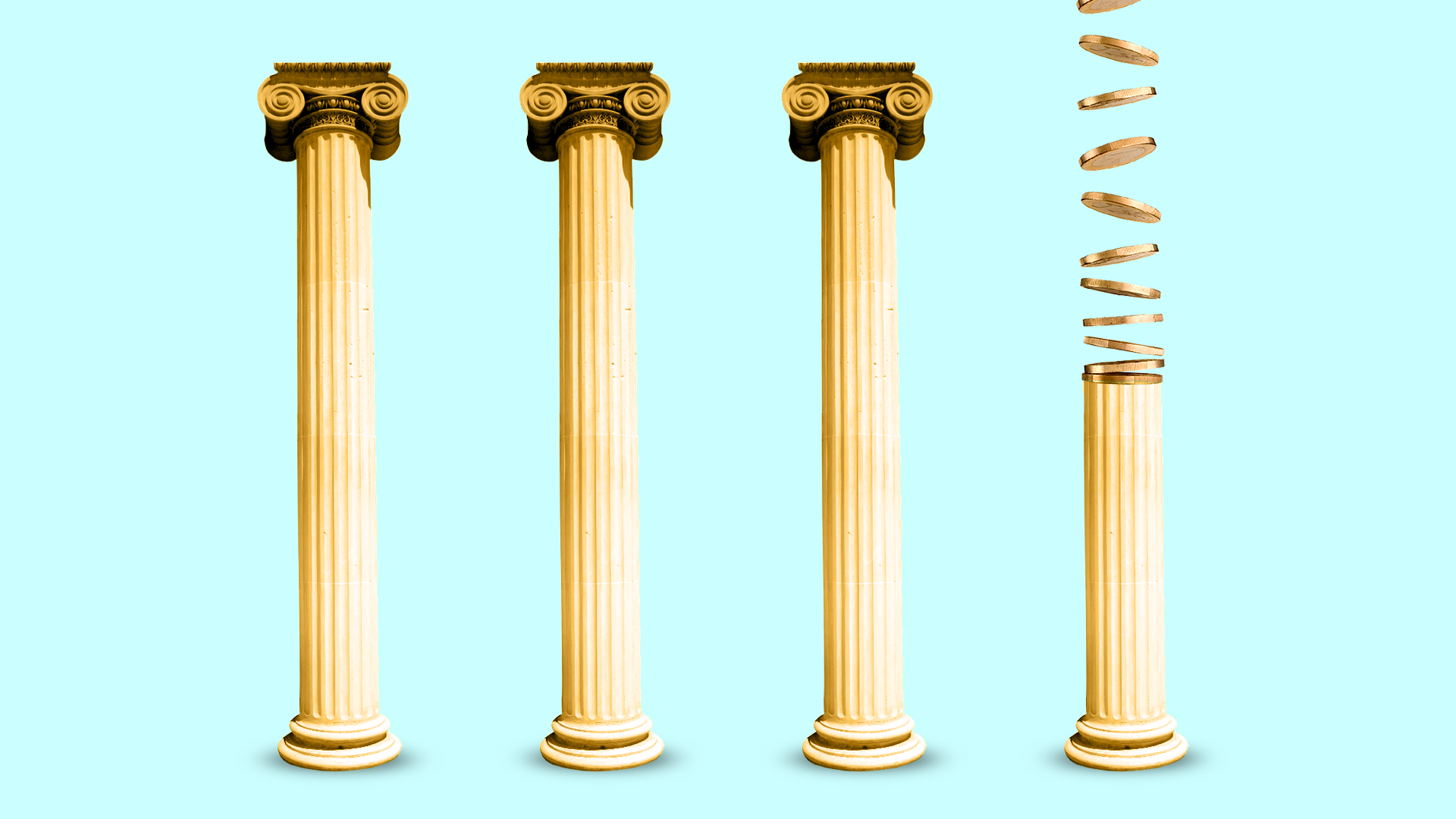 Illustration of four Roman columns with the last being made from falling coins