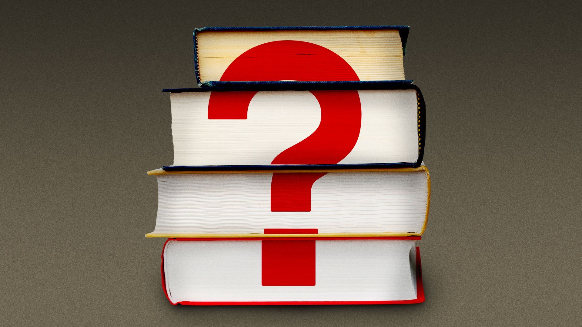 Illustration of a stack of books with a question mark printed on the pages.