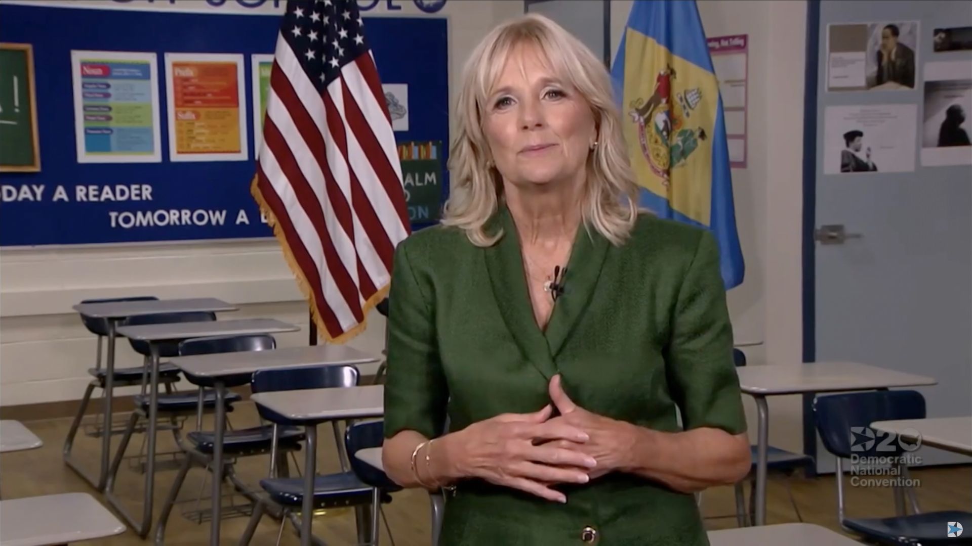 In this screenshot from the 2020 Democratic National Convention, Jill Biden addresses from a classroom the virtual convention on August 18