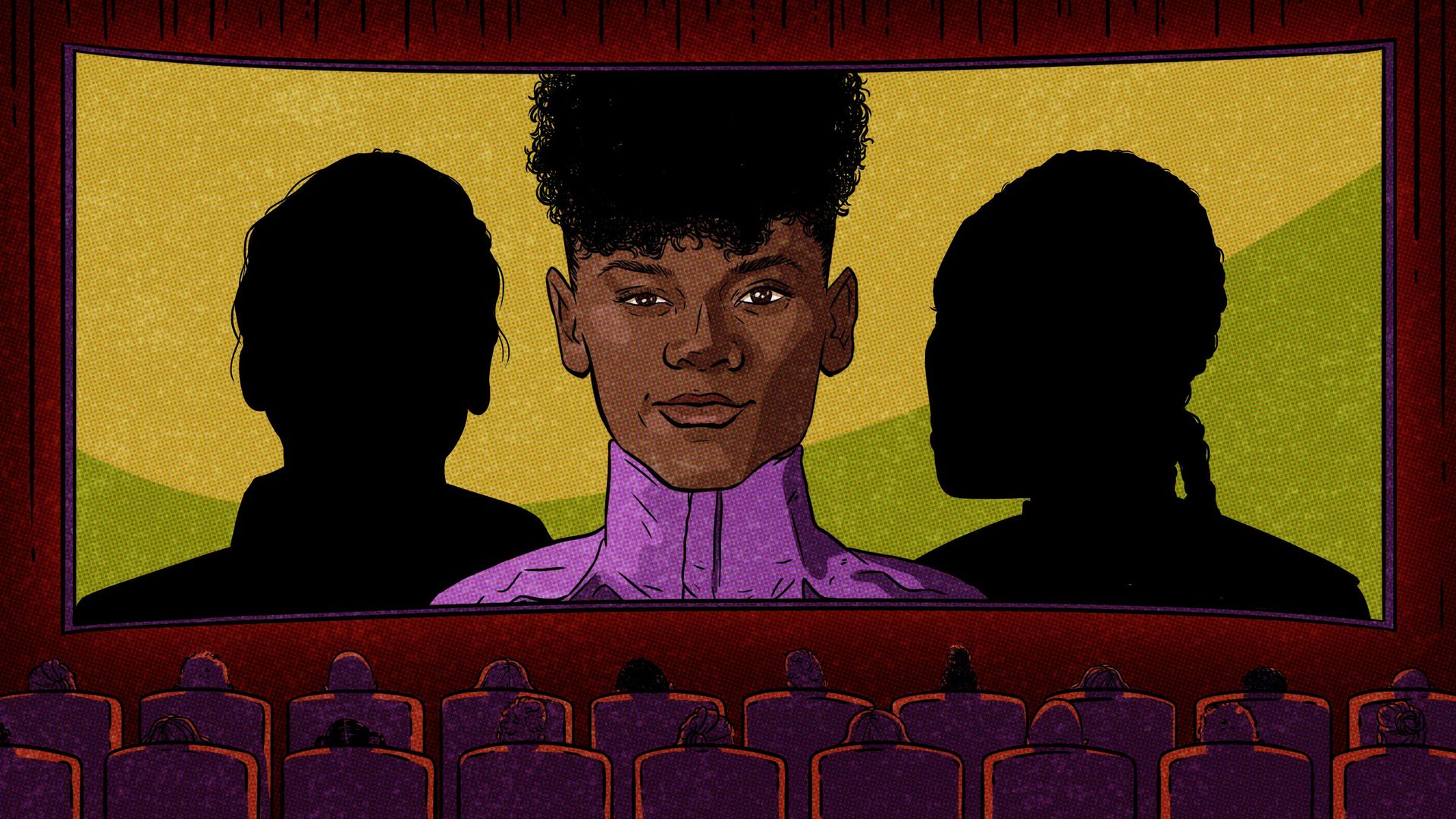 Illustration of Letitia Wright as Shuri on a theater screen, flanked by silhouettes. 