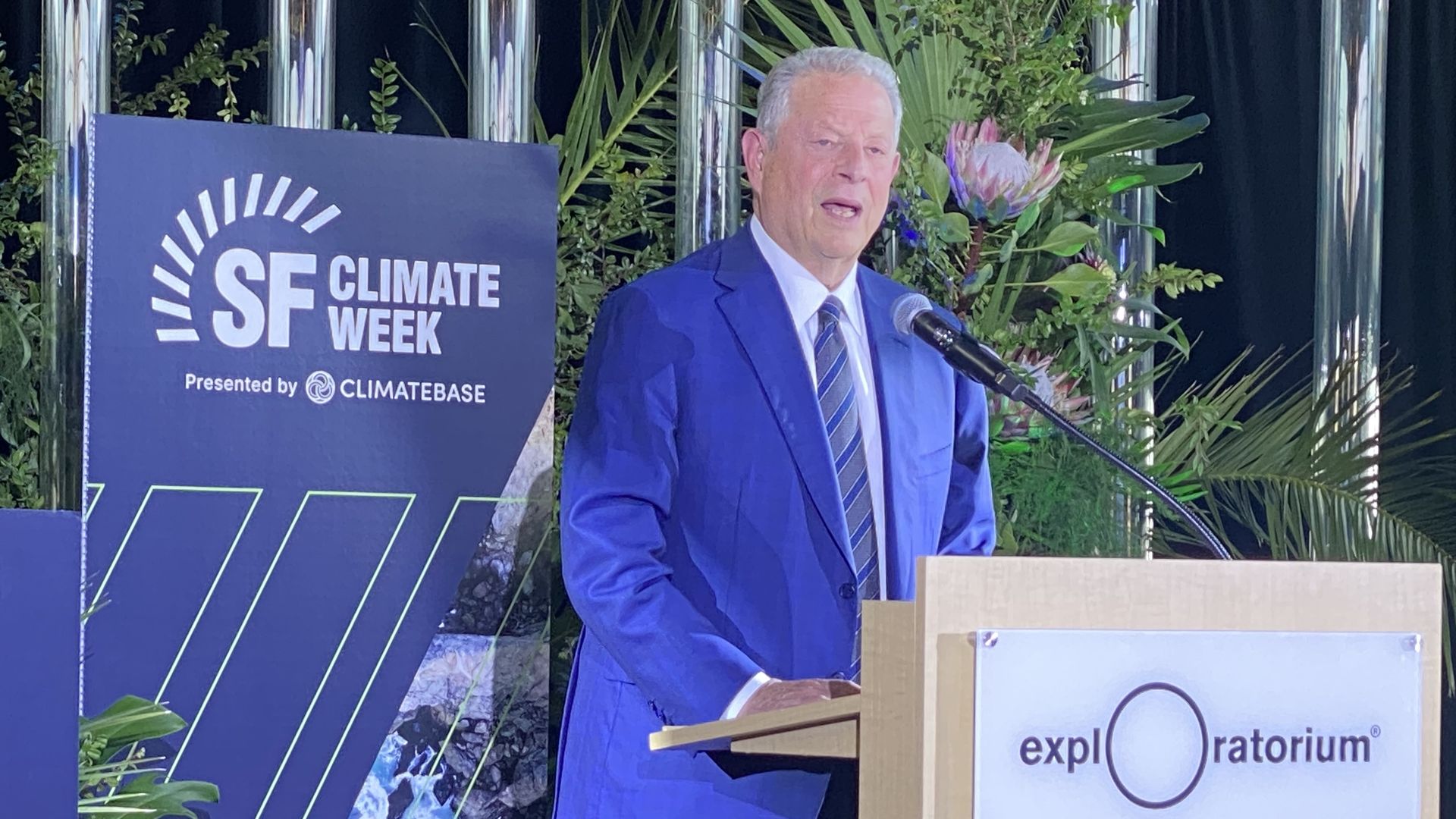 Former Vice President Al Gore gives a keynote address at the San Francisco Climate Week opening ceremony.