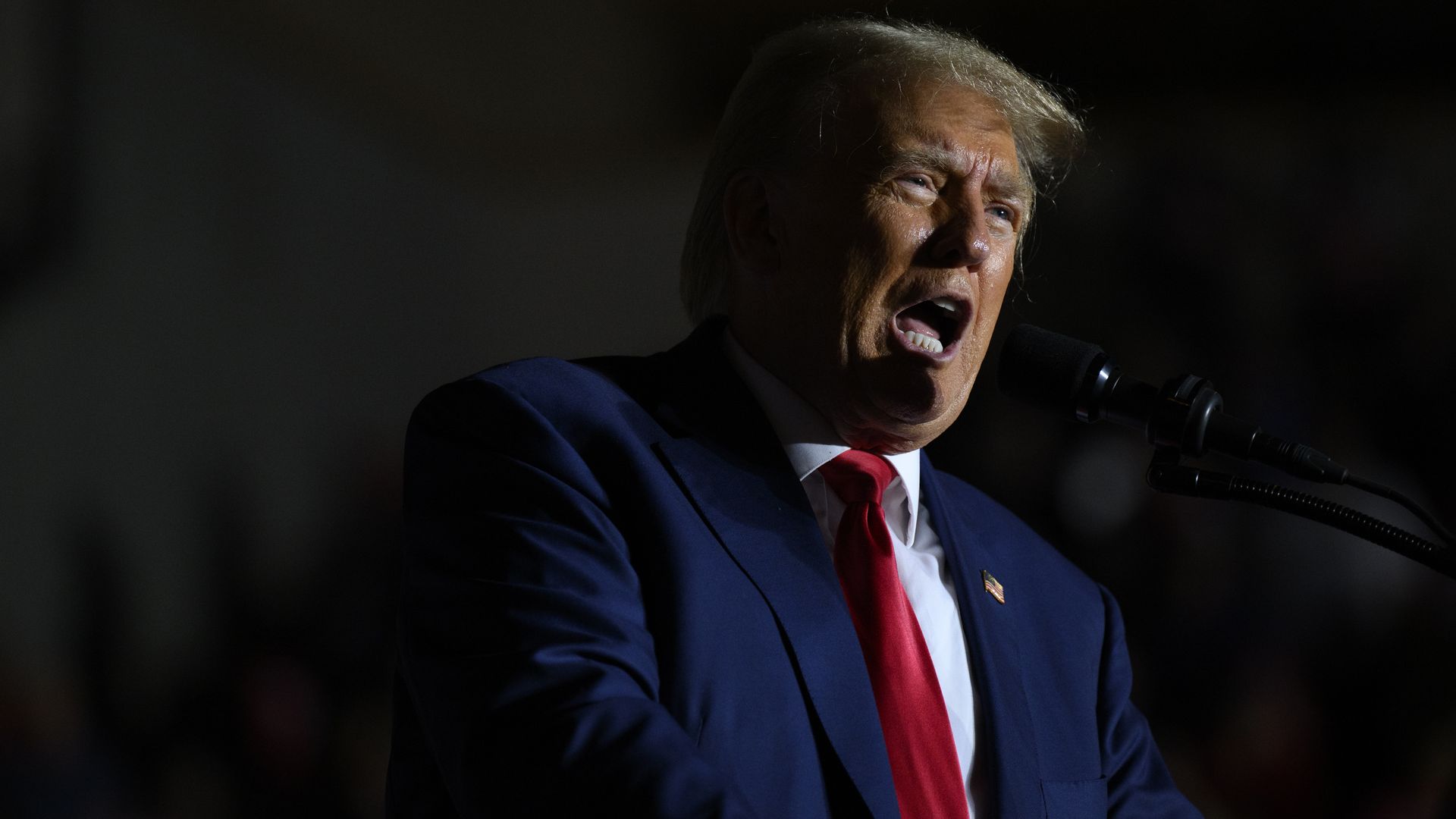 ormer U.S. President Donald Trump speaks to supporters during a political rally while campaigning for the GOP nomination in the 2024 election at Erie Insurance Arena on July 29, 2023 in Erie, Pennsylvania.