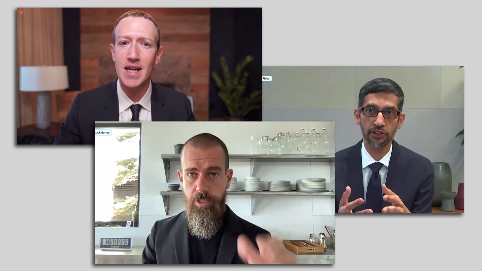 Photo collage with images of tech CEOs Mark Zuckerberg, Jack Dorsey and Sundar Pichai videoconferencing with Congress