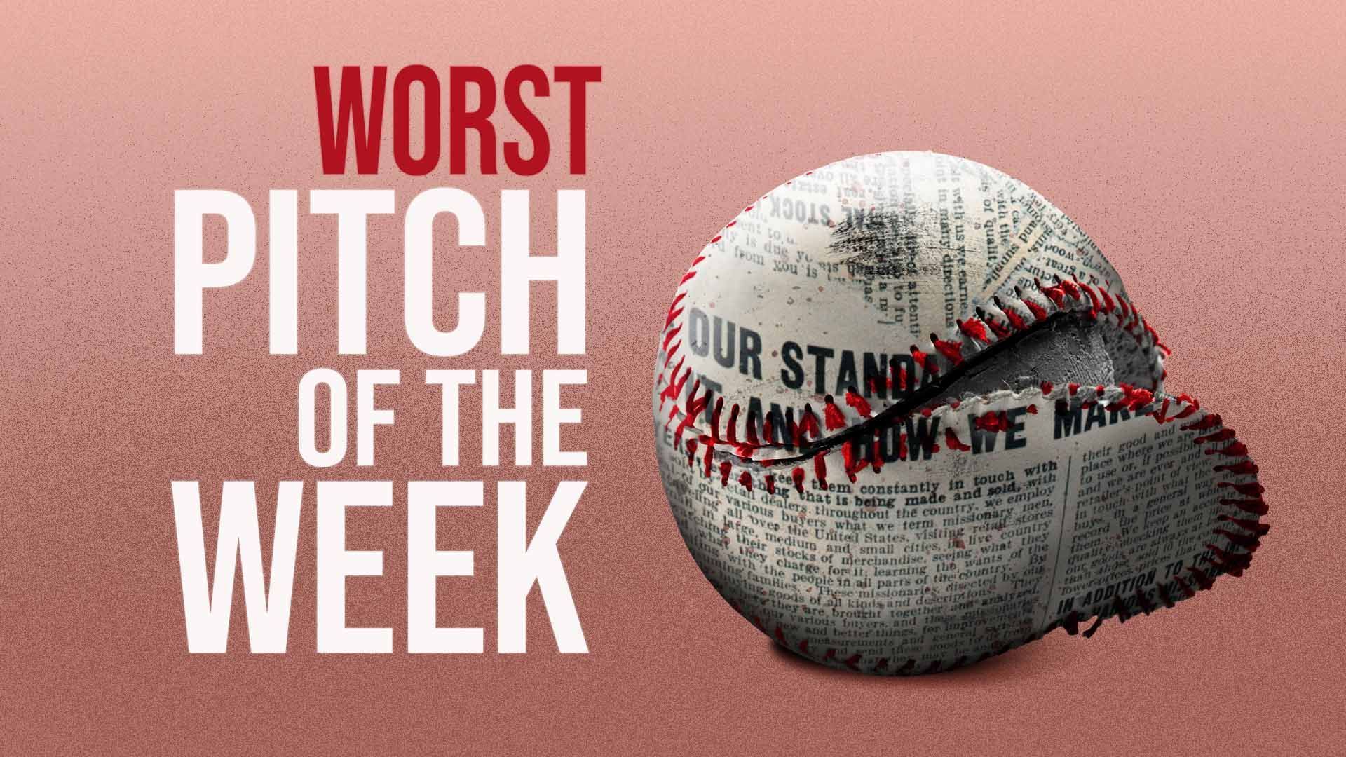 Illustration of a torn baseball with a newspaper overlay with the words "Worst pitch of the week" next to it