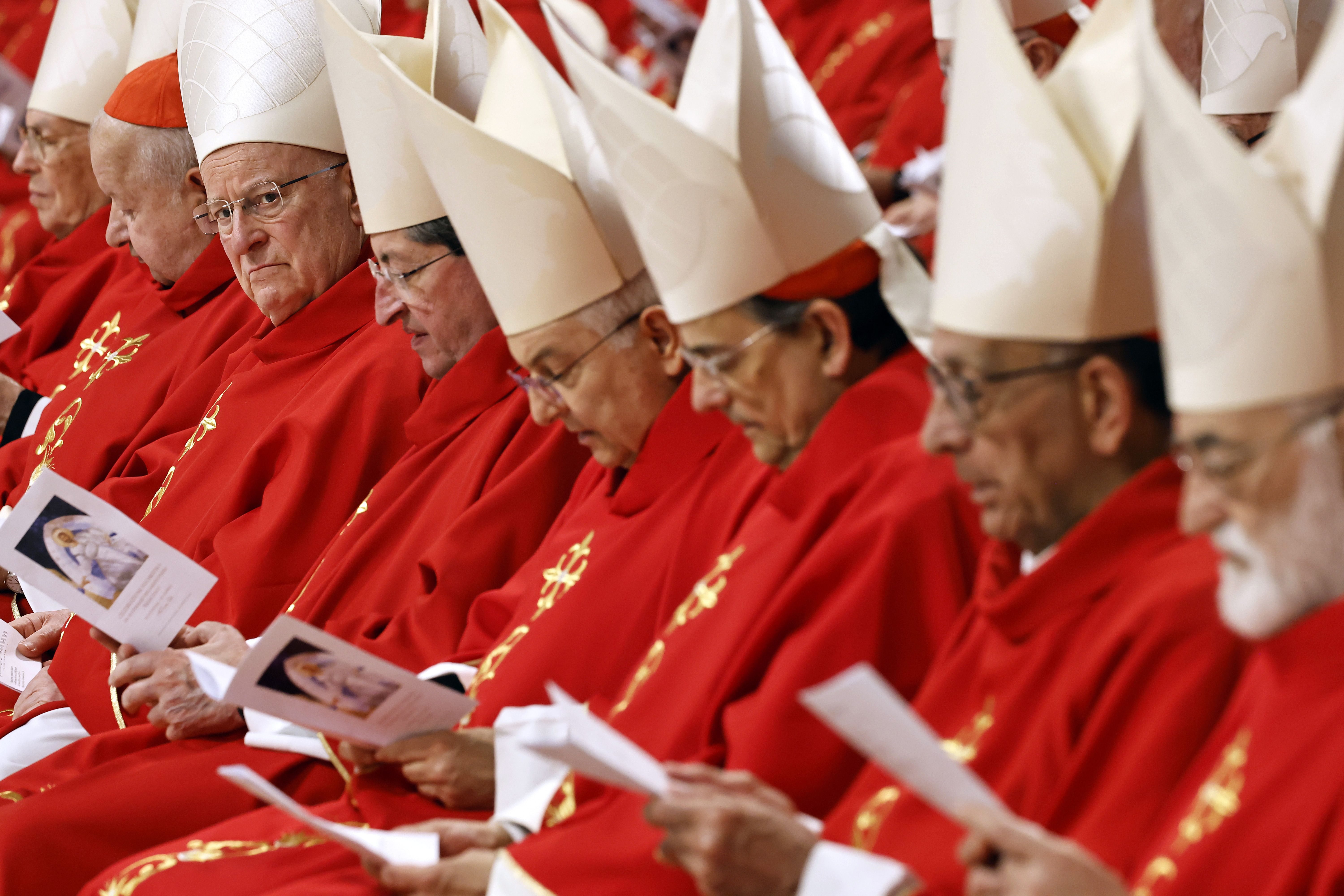 VATICAN CITY, VATICAN - APRIL 28: Cardinals attend the third Novemdiales mass held for the late Pope Francis in St. Peters Basilica on April 28, 2025 in Vatican City, Vatican. A College of Cardinals meeting today set a May 7 Conclave date to elect Pope Francis' successor. Funeral rites for the late