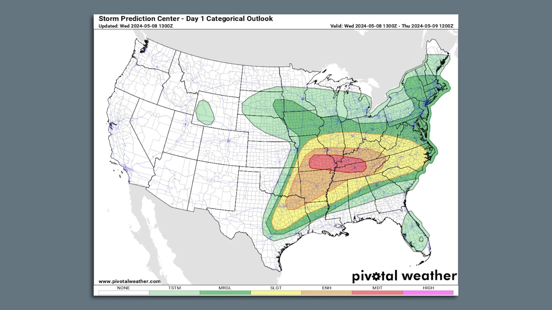 Map showing the severe thunderstorm risk levels on May 8, including an area of "moderate risk." 