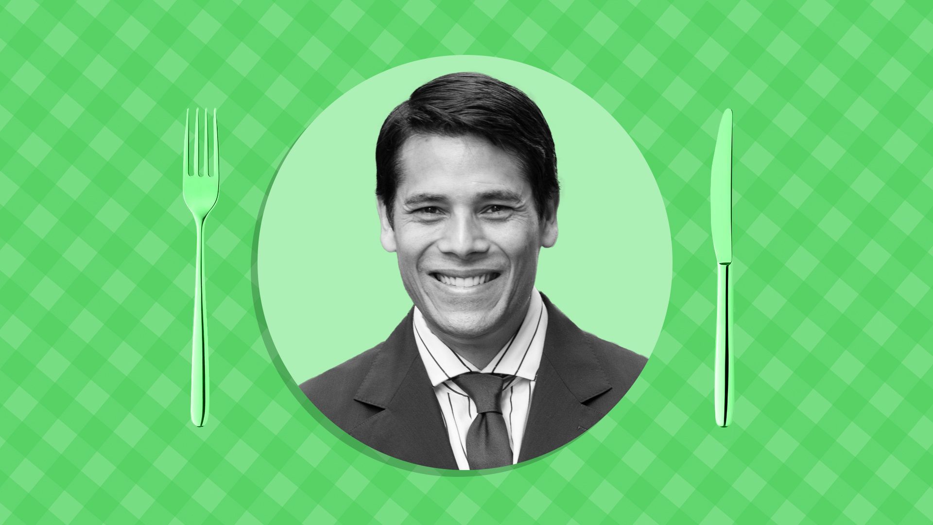 Photo illustration of Nirav Tolia in front of a picnic table print background.