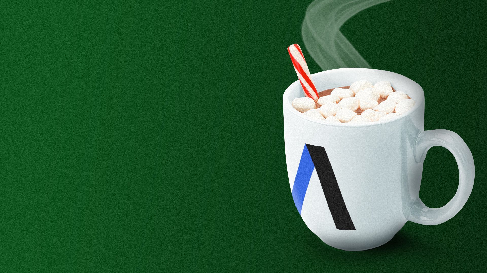 Illustration of a mug of hot cocoa with a peppermint stick and marshmellows—an Axios "A" is on the mug.