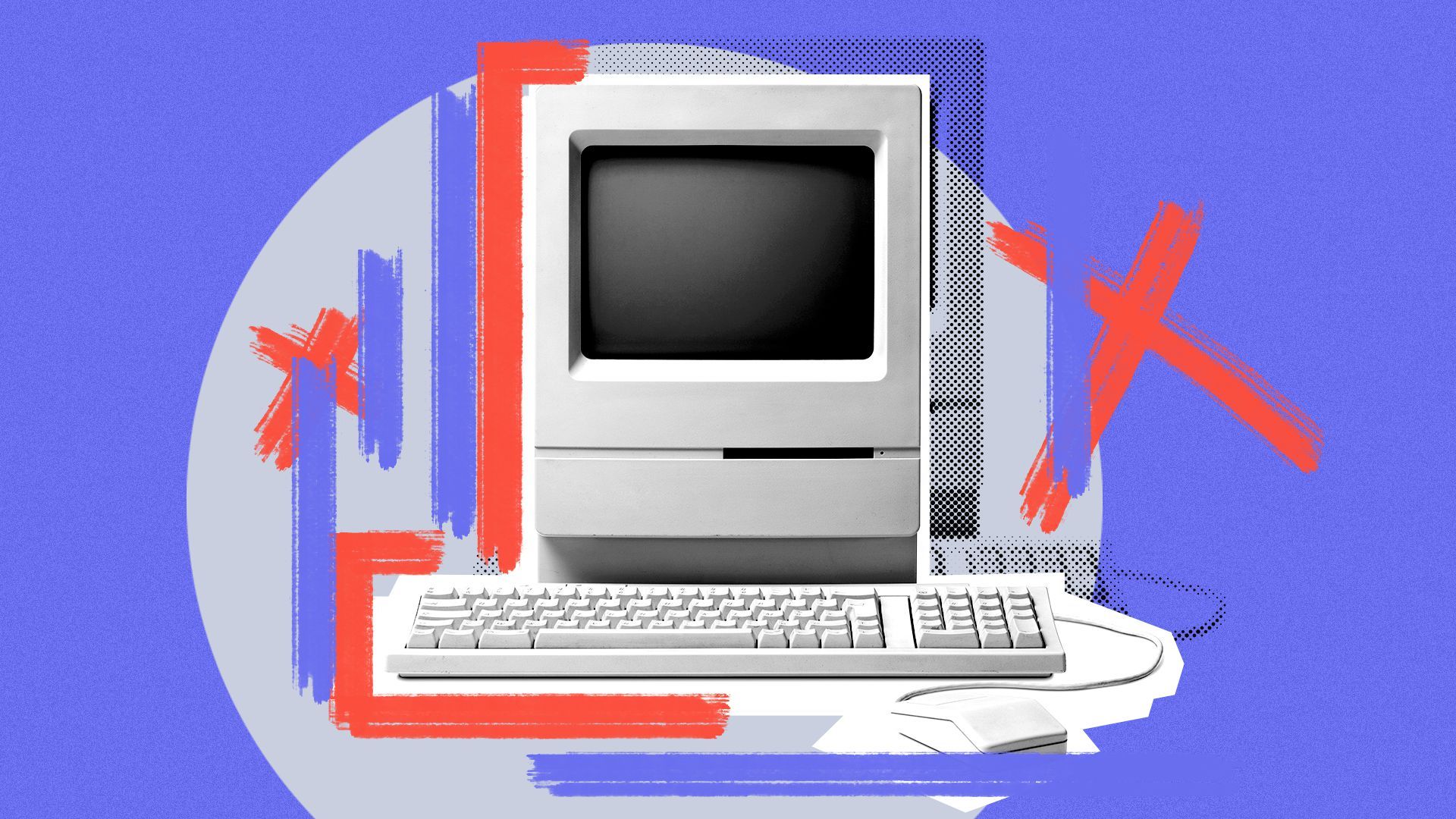 Illustration collage of an old computer monitor surrounded by graphic shapes