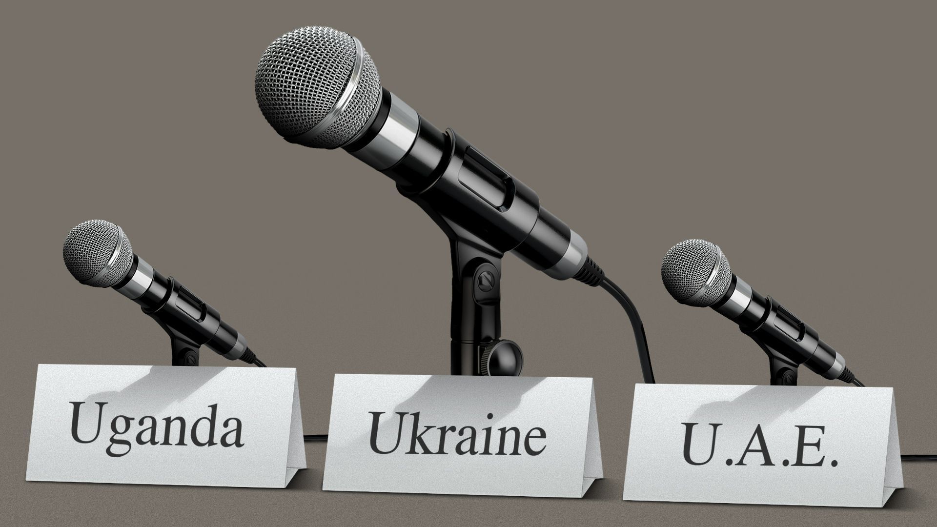 Illustration of country name placards at the UN with microphones, with Ukraine's microphone bigger than all others.