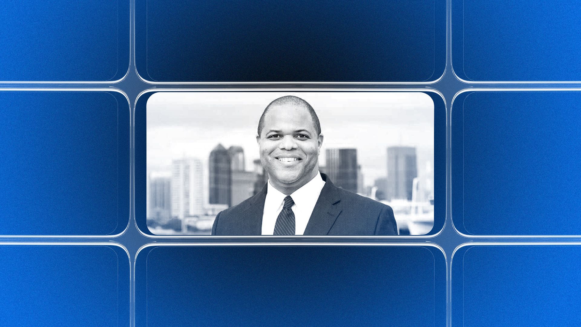 Photo illustration of a grid of smartphone screens, the center one showing an image of Eric Johnson.