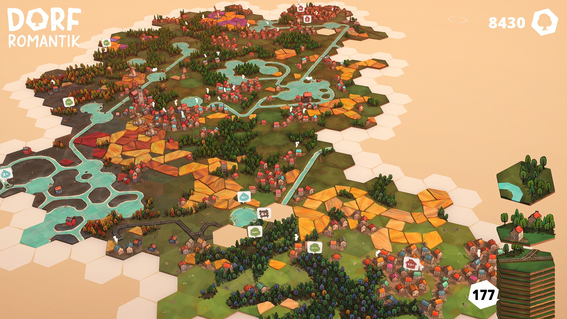 Video game screenshot of a landmass divided into hexagons that indicate towns, rivers, forests, etcetera