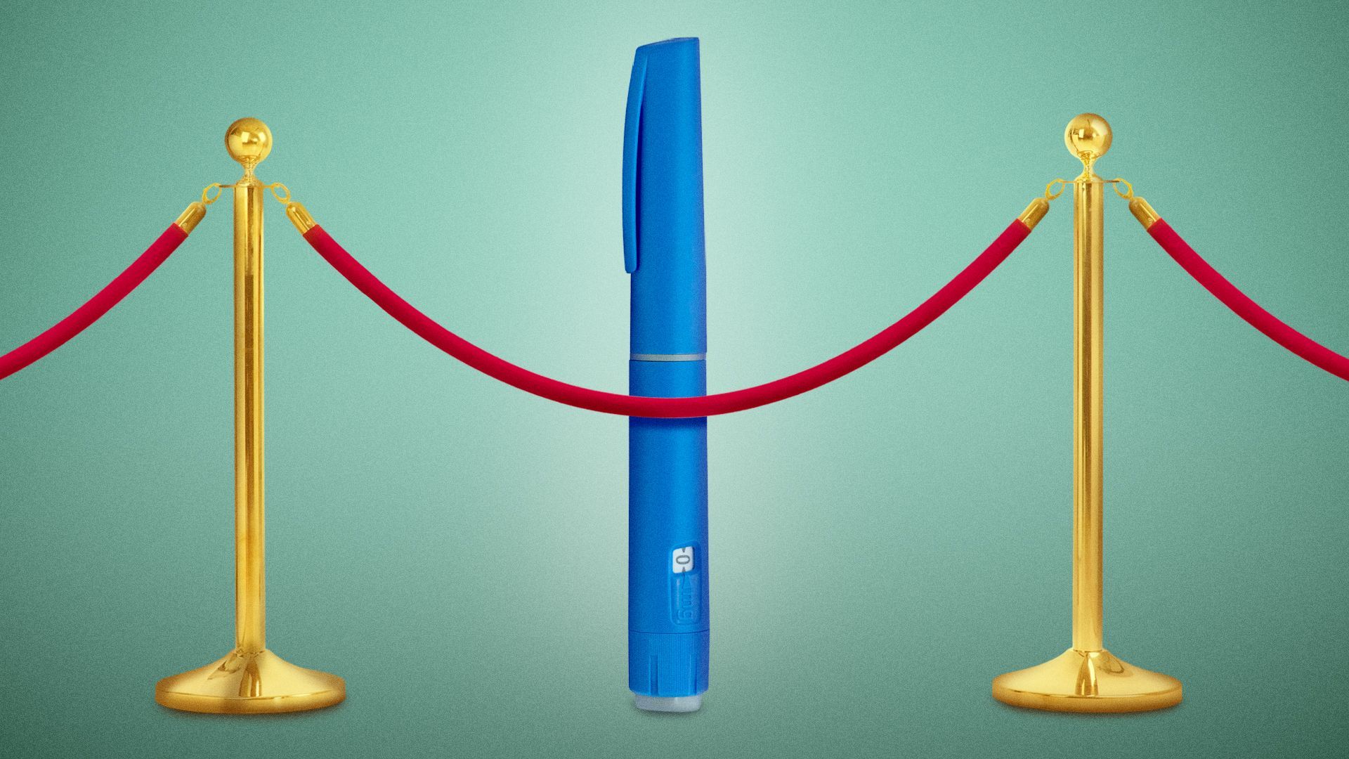Illustration of a velvet rope in front of a semaglutide injector pen.