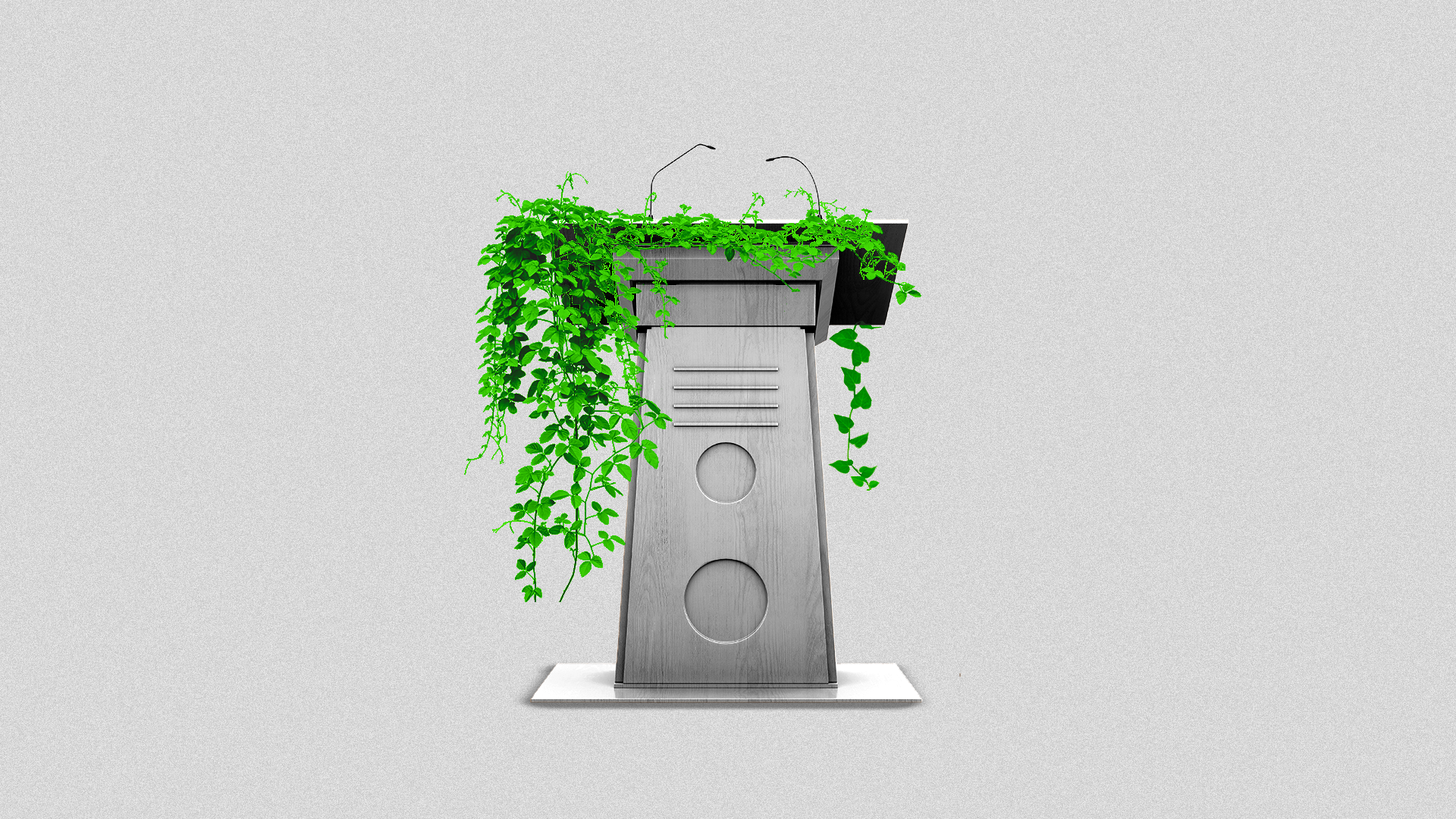 A podium strewn with ivy.