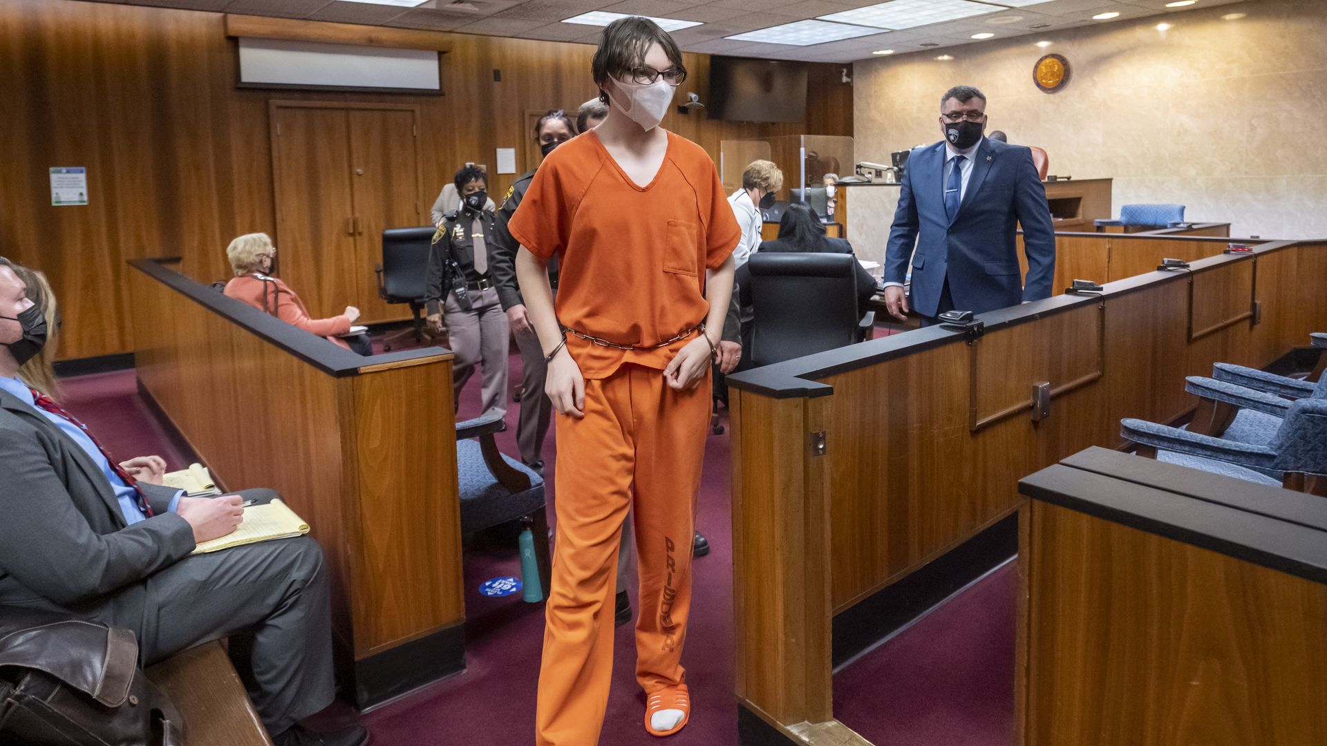 Ethan Crumbley is led away from the courtroom after a placement hearing at Oakland County Circuit Court on February 22, 2022 in Pontiac, Michigan. 