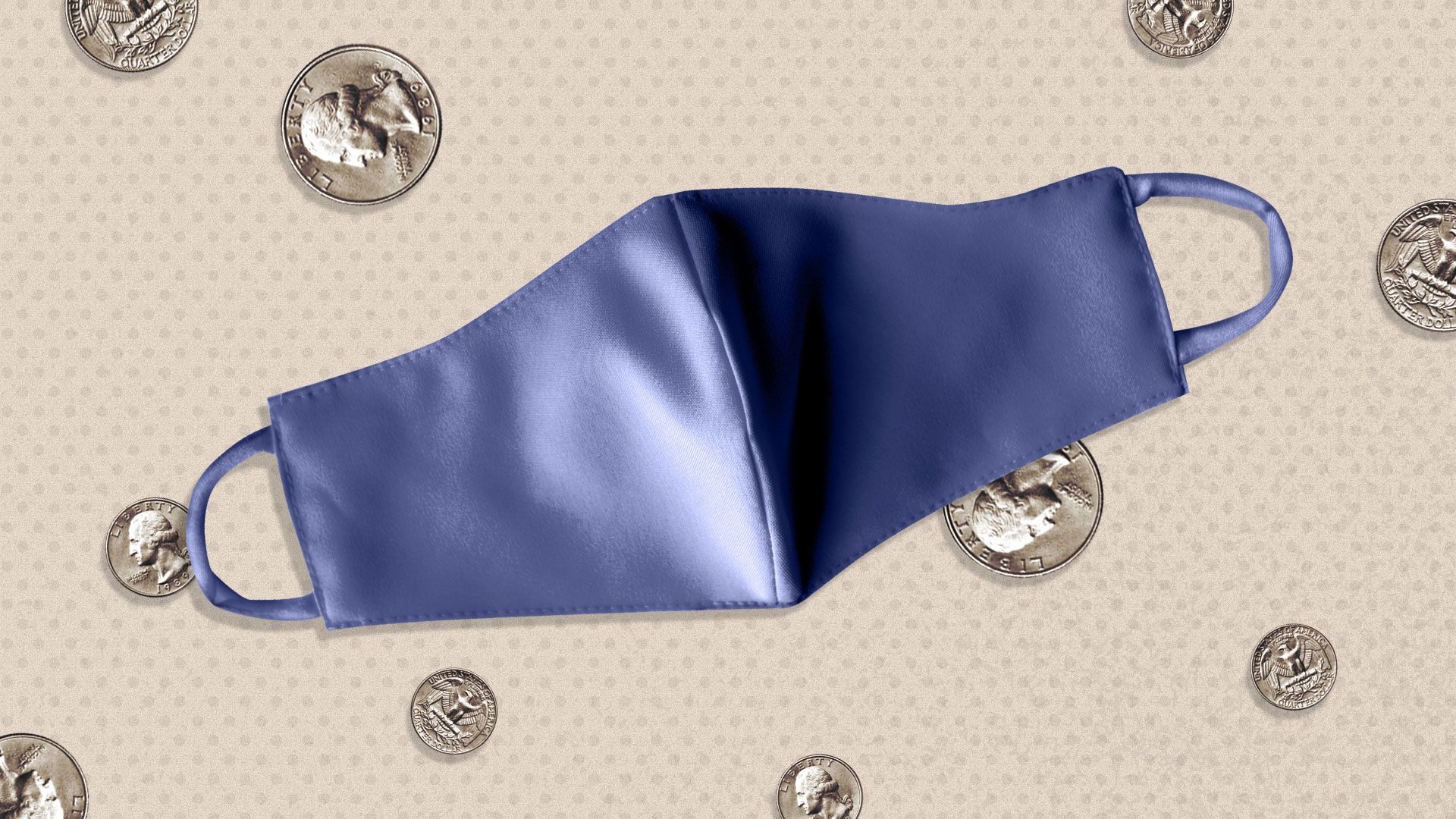 Illustrated collage of a mask with quarters falling around.