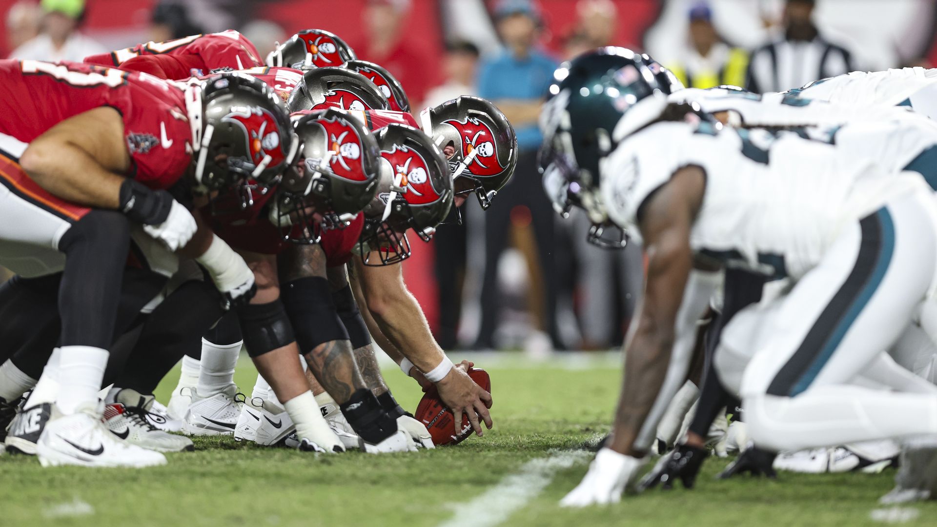 Tampa Bay Buccaneers offense lines up during an NFL football game against the Philadelphia Eagles at Raymond James Stadium on Sept. 25, 2023 in Tampa, Florida.
