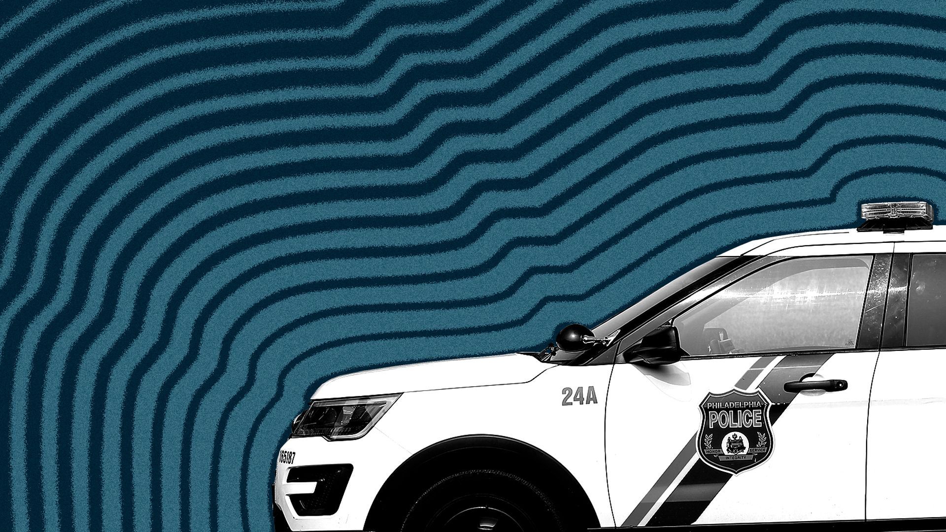Photo illustration of a Philadelphia police cruiser with lines radiating from it.