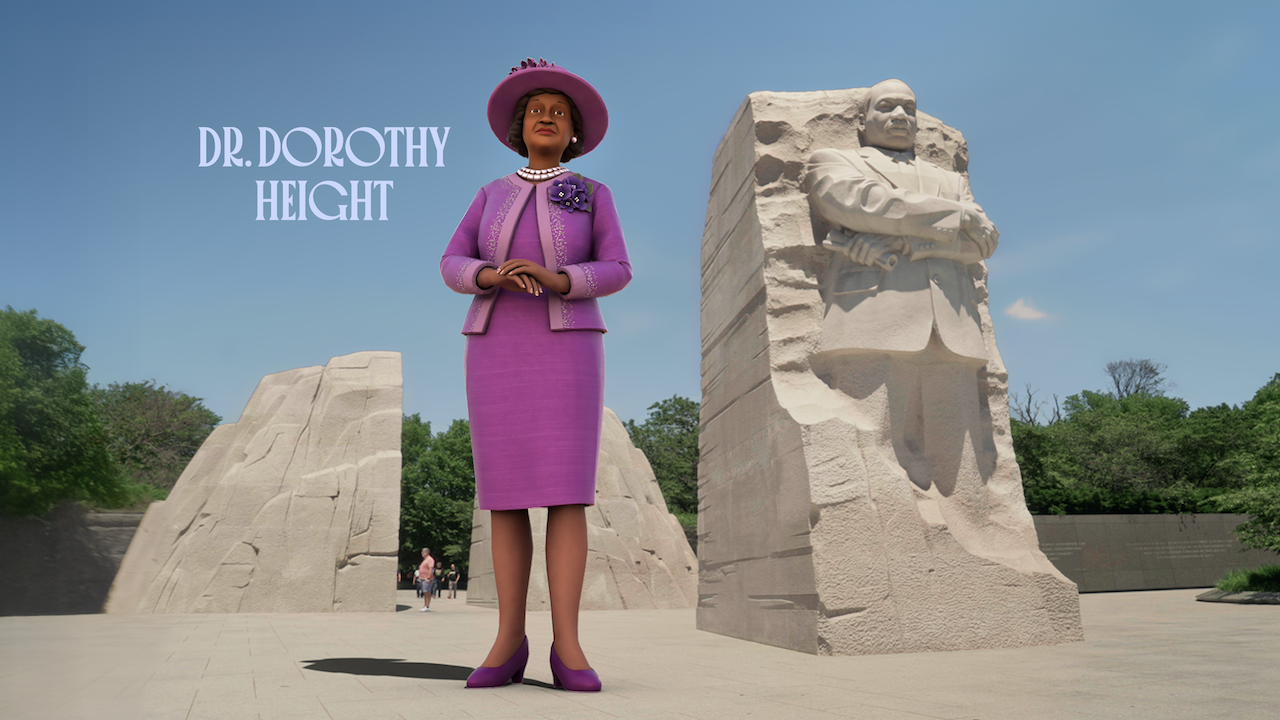 A life-size purple-dressed figure stands in a plaza beside a large stone statue of Martin Luther King JR., with light-blue text on the left reading "DR. DOROTHY HEIGHT".