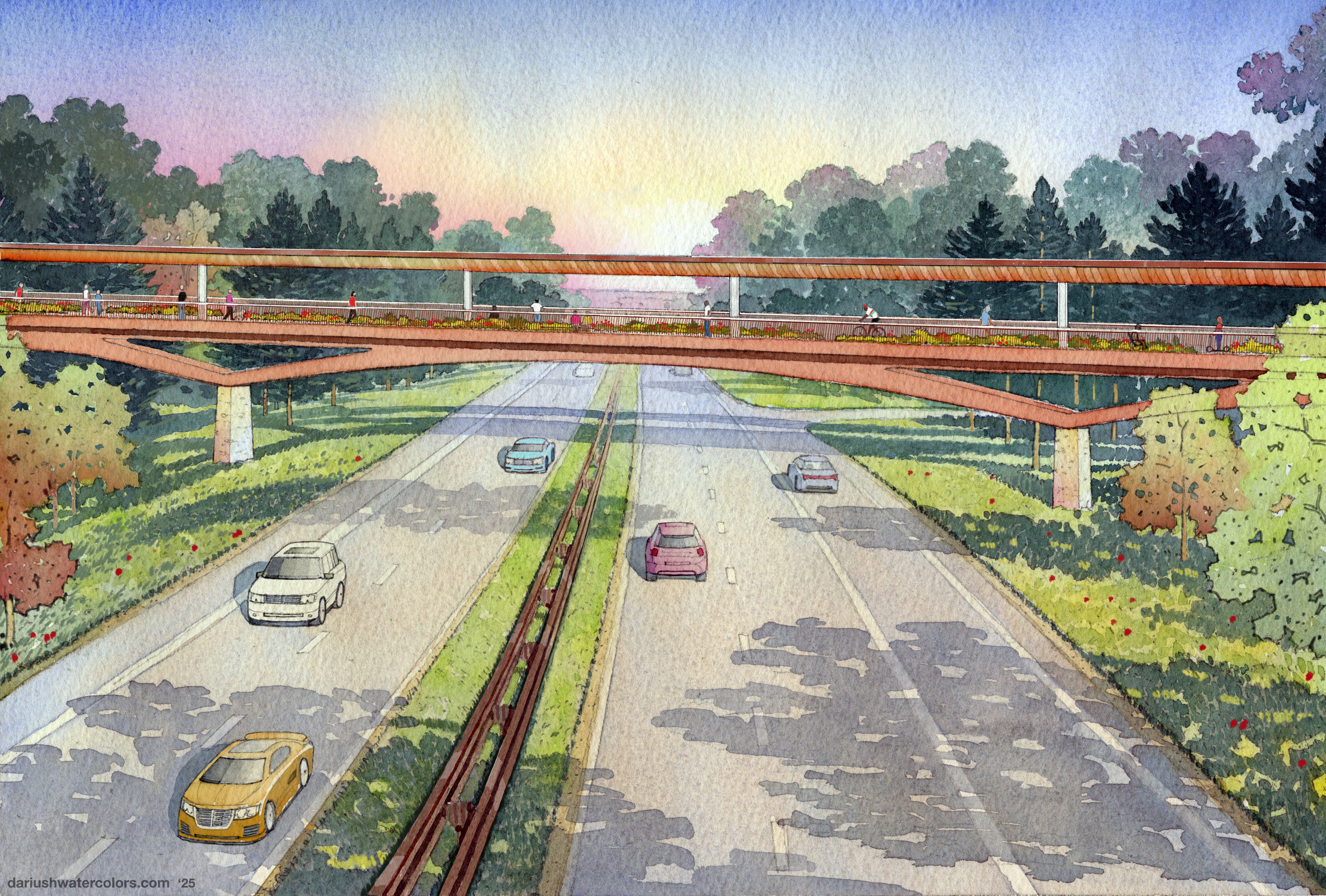 A watercolor rendering shows a pedestrian bridge stretching across a highway.