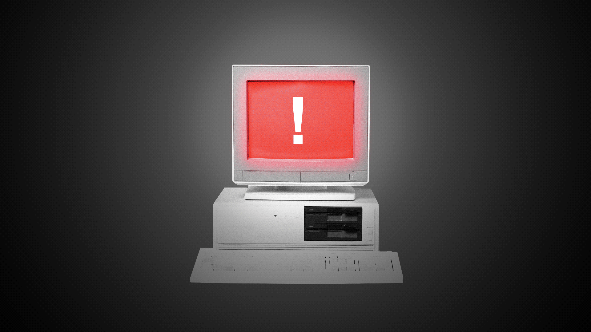  Animated illustration of a computer with warning images glitching across the screen. 