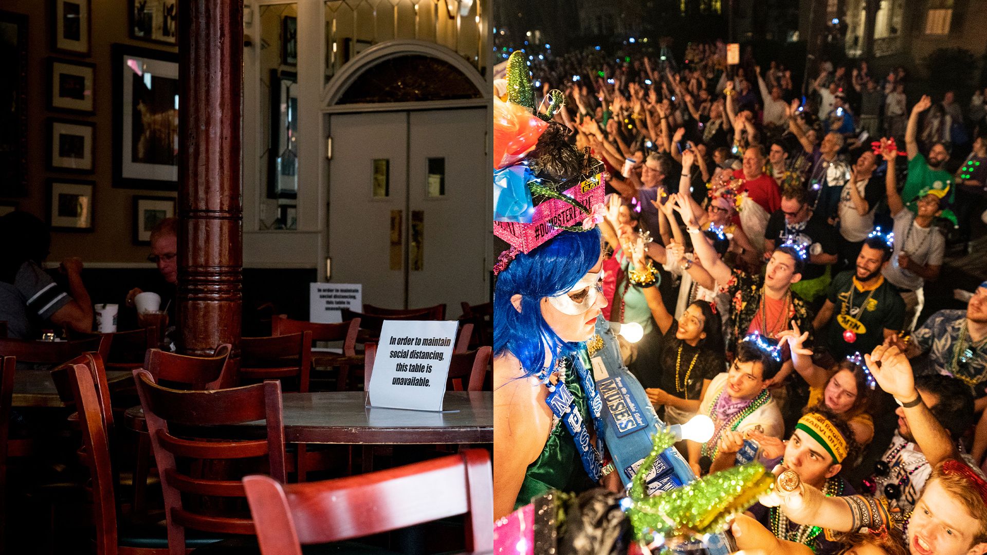 Side by side images of New Orleans during its Phase 1 reopening, and of Mardi Gras March 2022.
