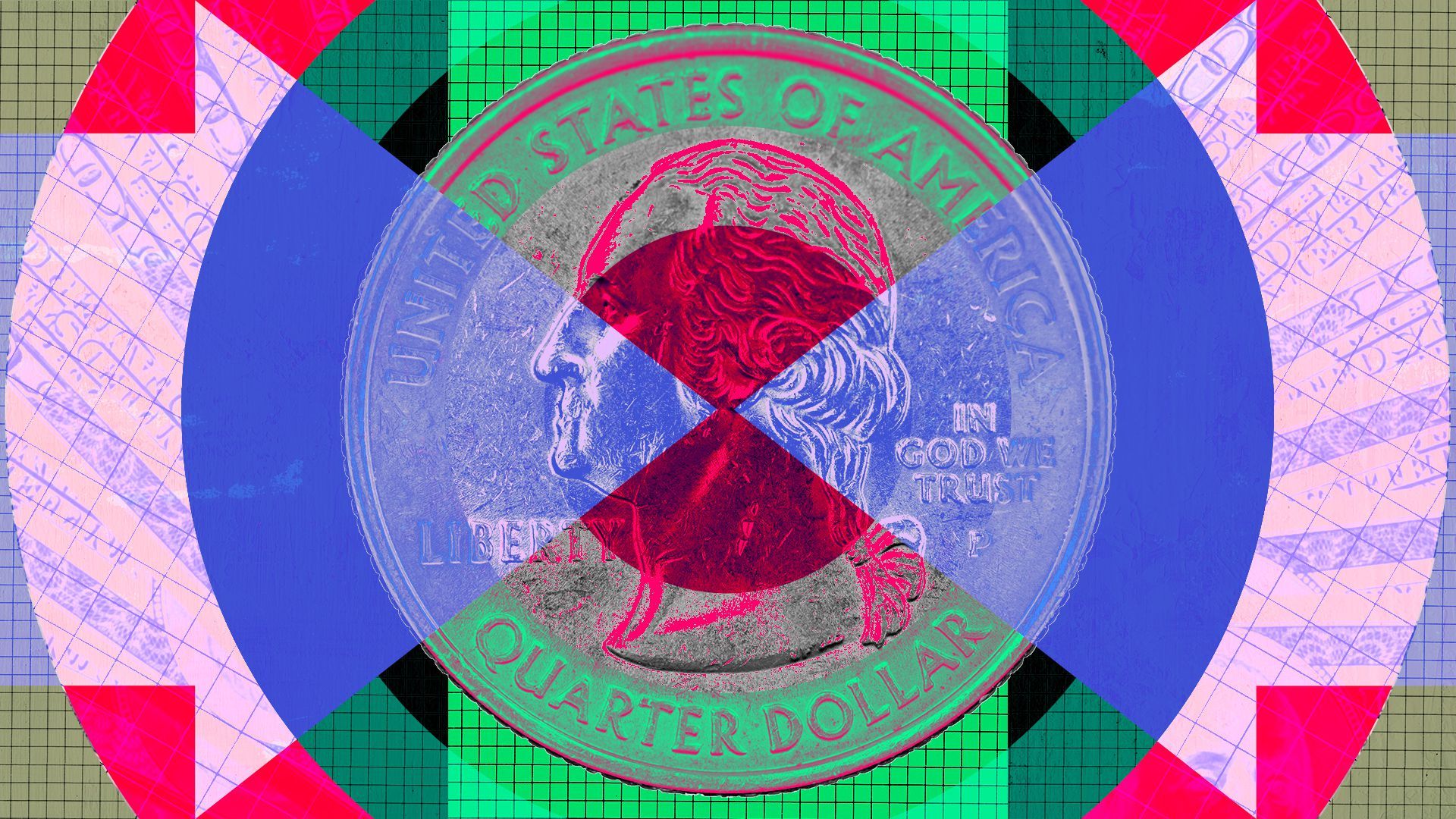 Illustration of an abstract collage of arrows, concentric circles, grids and US currency. 